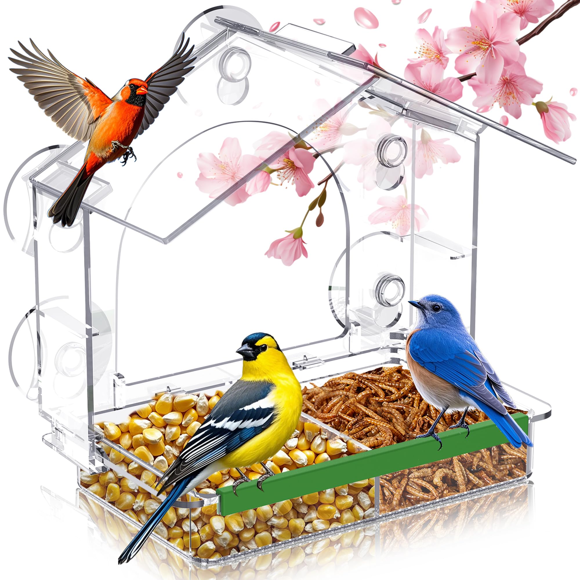 Window Bird Feeder for Outdoors, Clear Bird Feeders with 5 Extra Strong Suction Cups, Sturdy and Durable Bird House for Window Viewing Outside, Garden Decor Gifts for Bird Lover