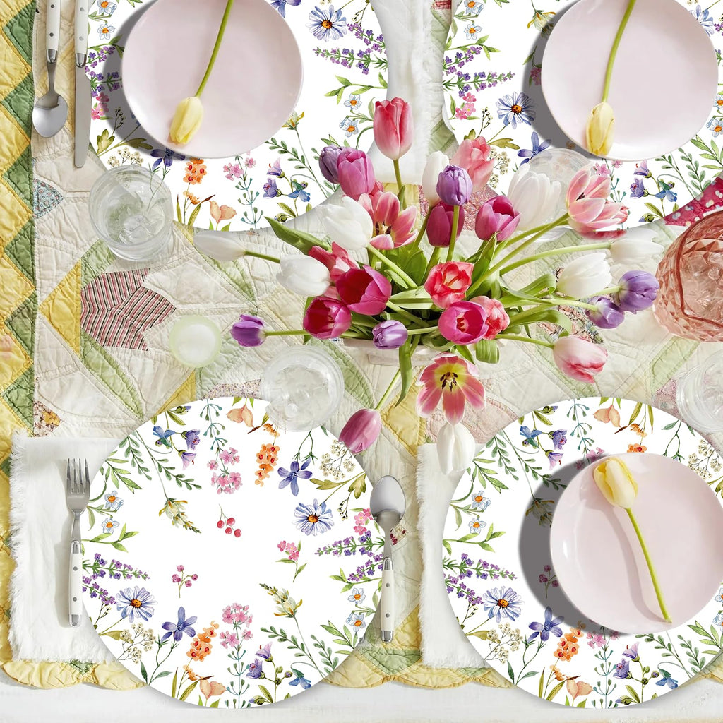 Paper Placemats Disposable 50 Pack Spring Flowers Place Mats 13.4 Inch Round Decorative Wildflower Table Mats for Spring Birthday Bridal Wedding Party Supplies