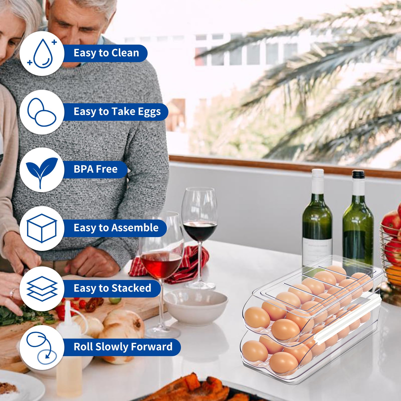 MesRosa Egg Holder for Fridge, Automatic Rolling Egg Organizer for Refrigerator, Clear Plastic Egg Container & Tray, Stackable Dispenser and Storage Bin with Sturdy Lid to Saving Space -2 Layer