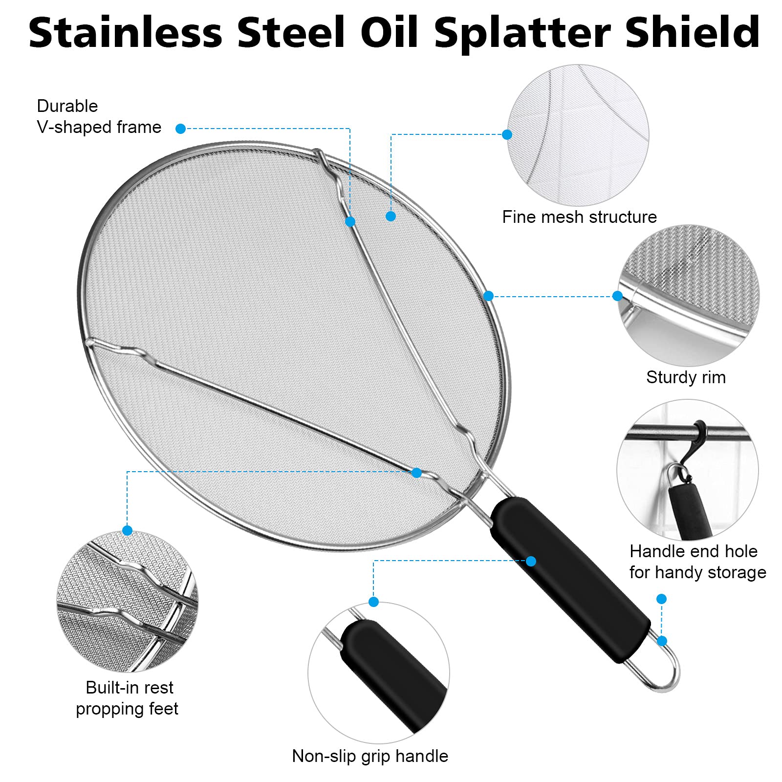 Splatter Screen for Frying Pan - 9.8" 11.4" 13" Grease Splatter Guard Hot Oil Splatter Guard, Stainless Steel Fine Mesh Splash Guard with Resting Feet for Cooking to Prevent Oil Splatter