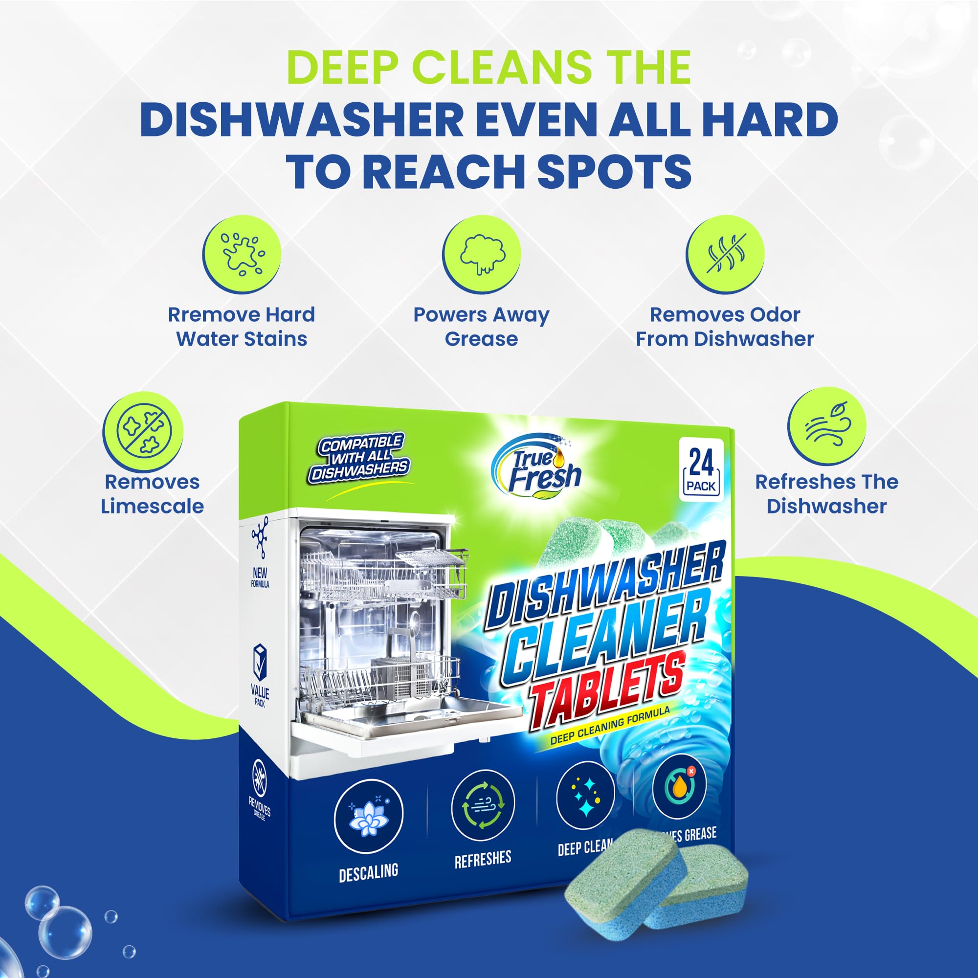 True Fresh Dishwasher Cleaner & Deodorizer Tablets 24-Pack, 20g Each - Powerful Limescale & Odor Removal - Deep Clean for Sparkling Dishwashers - Safe, Effective, and Compatible with All Models