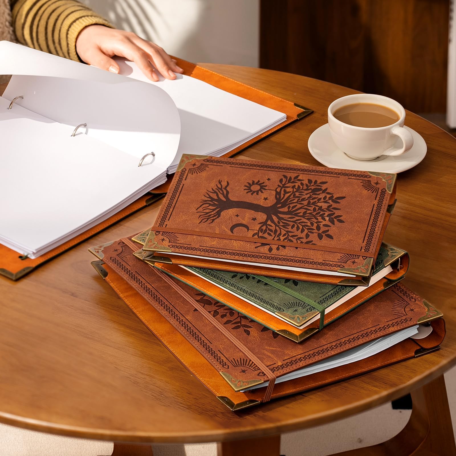 Ovesmusl Leather 3 Ring Binder Fits 8.5"x11" Letter Size Paper, 1 Inch Round Ring Binder Holds 200 Sheets, Notepad Paper Cover Loose Leaf Organizer, Brown Tree