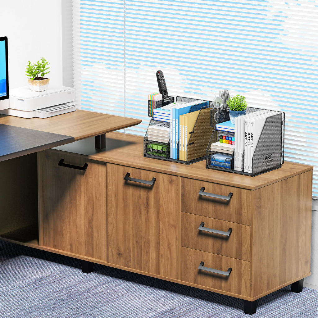 Auvo ADO03 Metal Mesh Desk Organizer with File Holder, 2-Tier Paper Letter Tray and one Drawer, 2 Pen Holders & 2 Vertical Magazine Holders for Office Supplies, Black