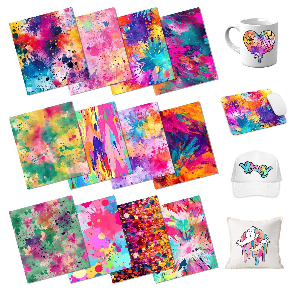 HTVSTD Paint Splatter Sublimation Ink Transfer Sheets-15pcs 12'' x 10''Watercolor Patterned Sublimation Transfer Paper for Mugs DIY
