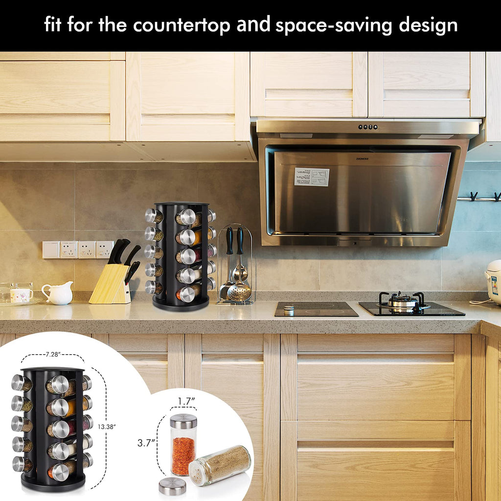 Spice Rack, Spice Rack Organizer for Countertop, Rotating Spice Rack with Jars, Spinning Spice Rack Shelf, Revolving Spice Rack for Kitchen (Black)