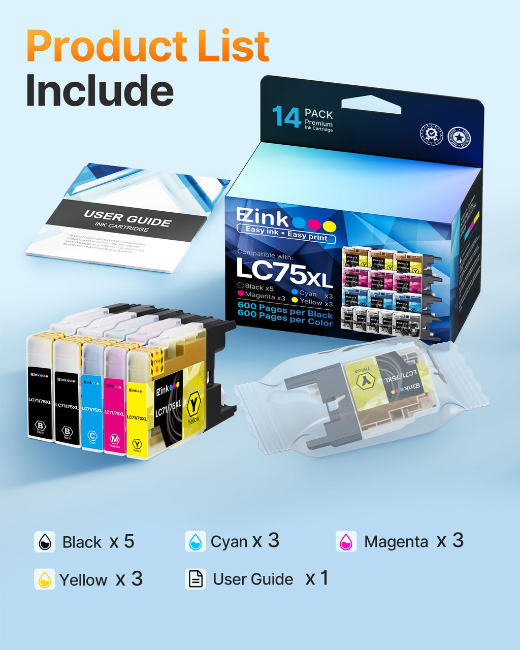 E-Z Ink Compatible Ink Cartridge Replacement for Brother LC75 LC71 LC79 XL to Use with MFC-J6510DW MFC-J6710DW MFC-J6910DW MFC-J280W MFC-J425W (5 Black, 3 Cyan, 3 Magenta, 3 Yellow) 14 Pack