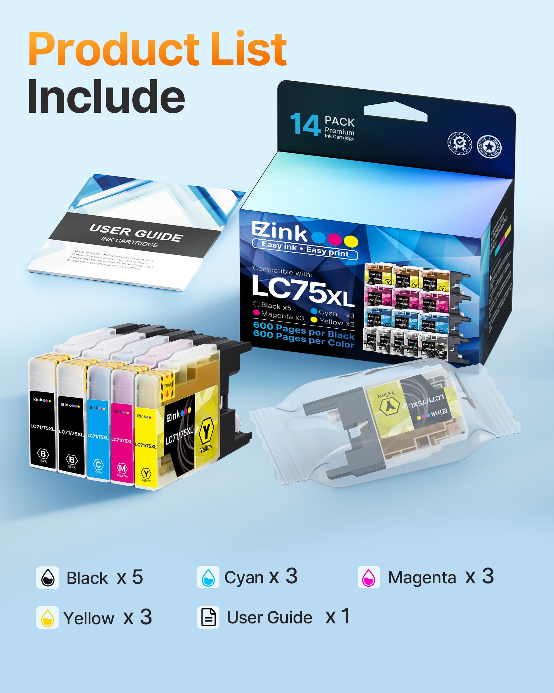 E-Z Ink Compatible Ink Cartridge Replacement for Brother LC75 LC71 LC79 XL to Use with MFC-J6510DW MFC-J6710DW MFC-J6910DW MFC-J280W MFC-J425W (5 Black, 3 Cyan, 3 Magenta, 3 Yellow) 14 Pack