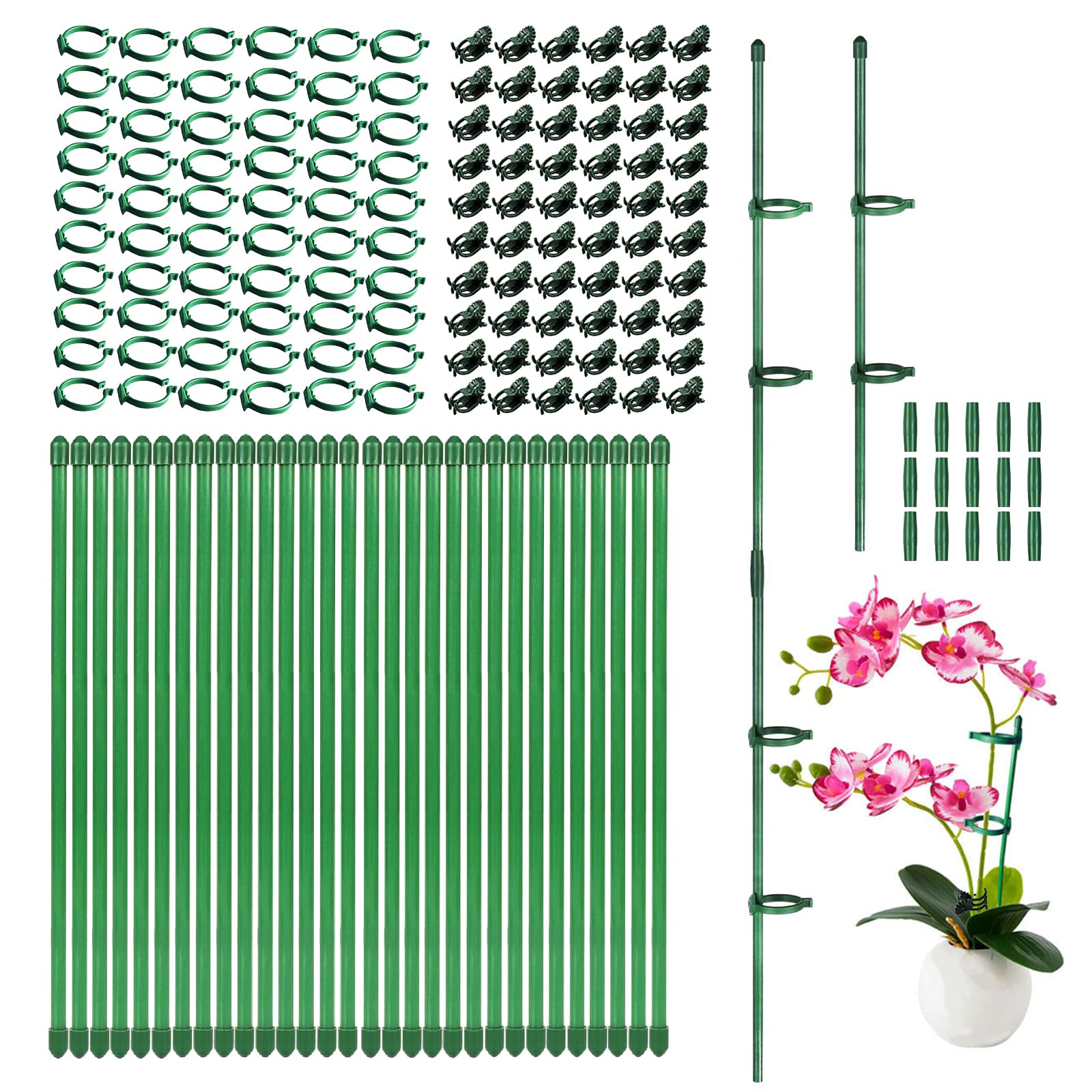 165Pcs Adjustable Plant Stakes, 30Sets Garden Plant Support Sticks, 30Pcs Fiberglass Plant Pole Stand, 60Pcs Rings, 60Pcs Clips, 15Pcs Connectors for Potted Plant Flower Tomato Orchid Vegetable
