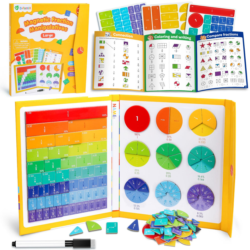 D-FantiX Large Magnetic Fraction Demonstration Book, Magnetic Fraction Tiles & Fraction Circles Set, Montessori Fraction Manipulatives Learning Tools for Elementary School Kids Students