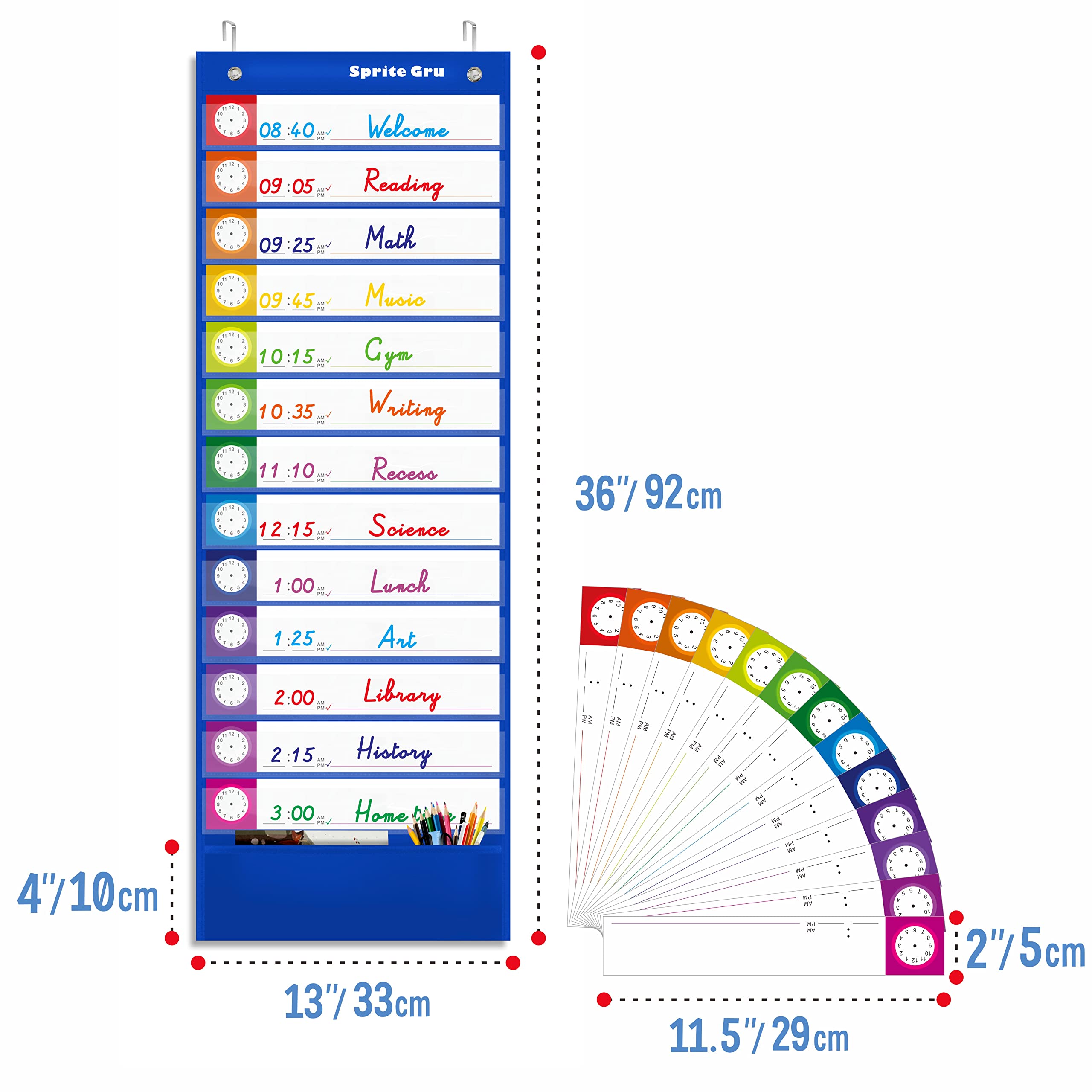 Daily Schedule Pocket Chart, Classroom Charts with 13+1 Pockets, 13 Double-Sided Reusable Colored Cards, 13 Blank Ones and 2 Over-Door Mounting Hangers Include (Blue, 13” x 36”)