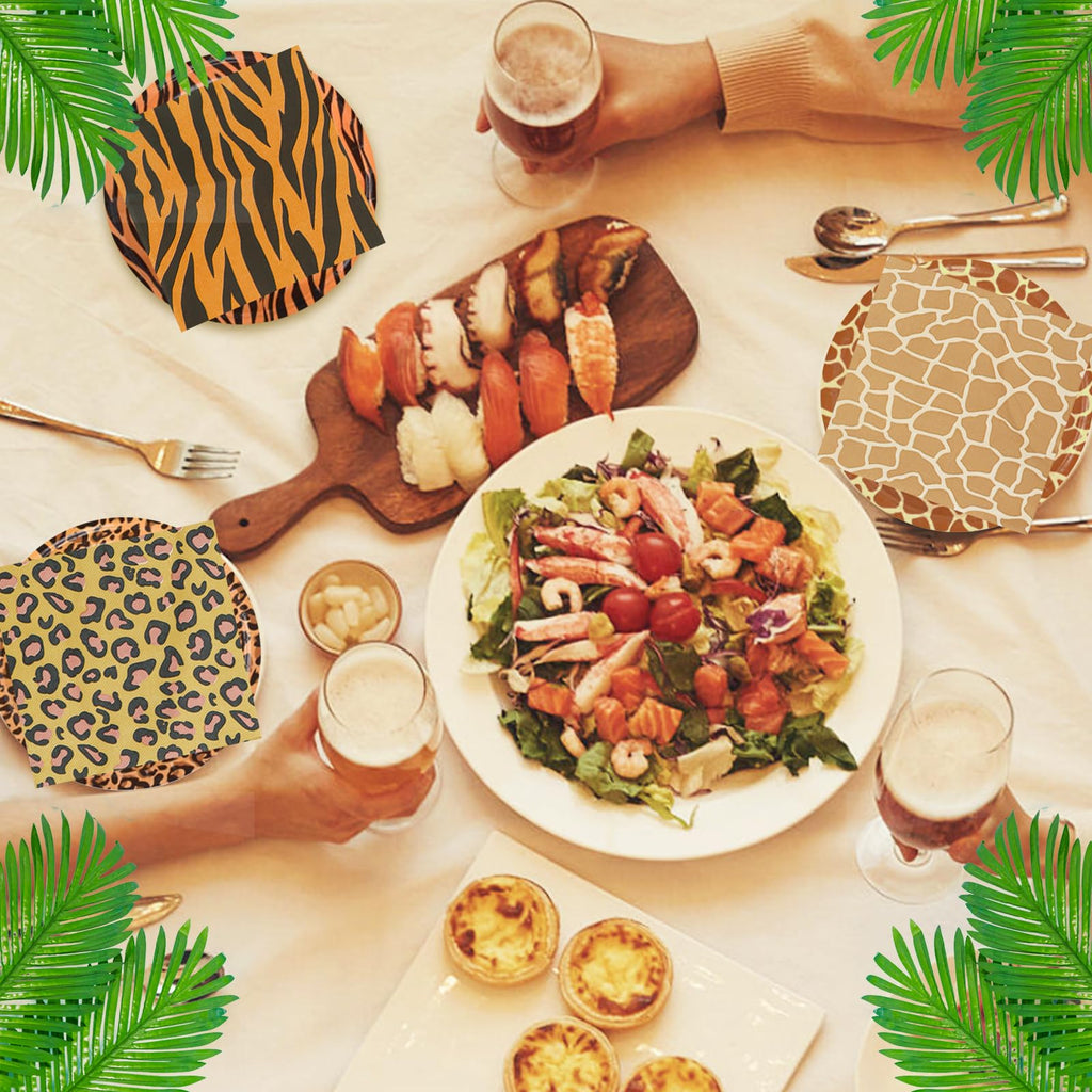 YYBD 100Pcs Jungle Safari Wild Animal Party Supplies Disposable Jungle Zoo Animal Print Paper Plates and Napkins Forest Animals Dessert Plates for Leopard Zebra Baby Shower Birthday Theme Decorations