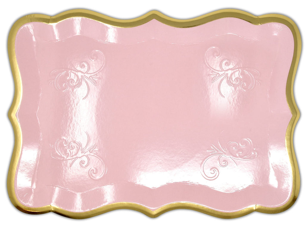 10 Pink Rectangle Trays with Gold Rim Border for Elegant Dessert Table Serving Parties 9" X 13" Disposable Paper Cardboard Platters for Cupcake Display Wedding Baby Shower & Birthday Party Food Safe