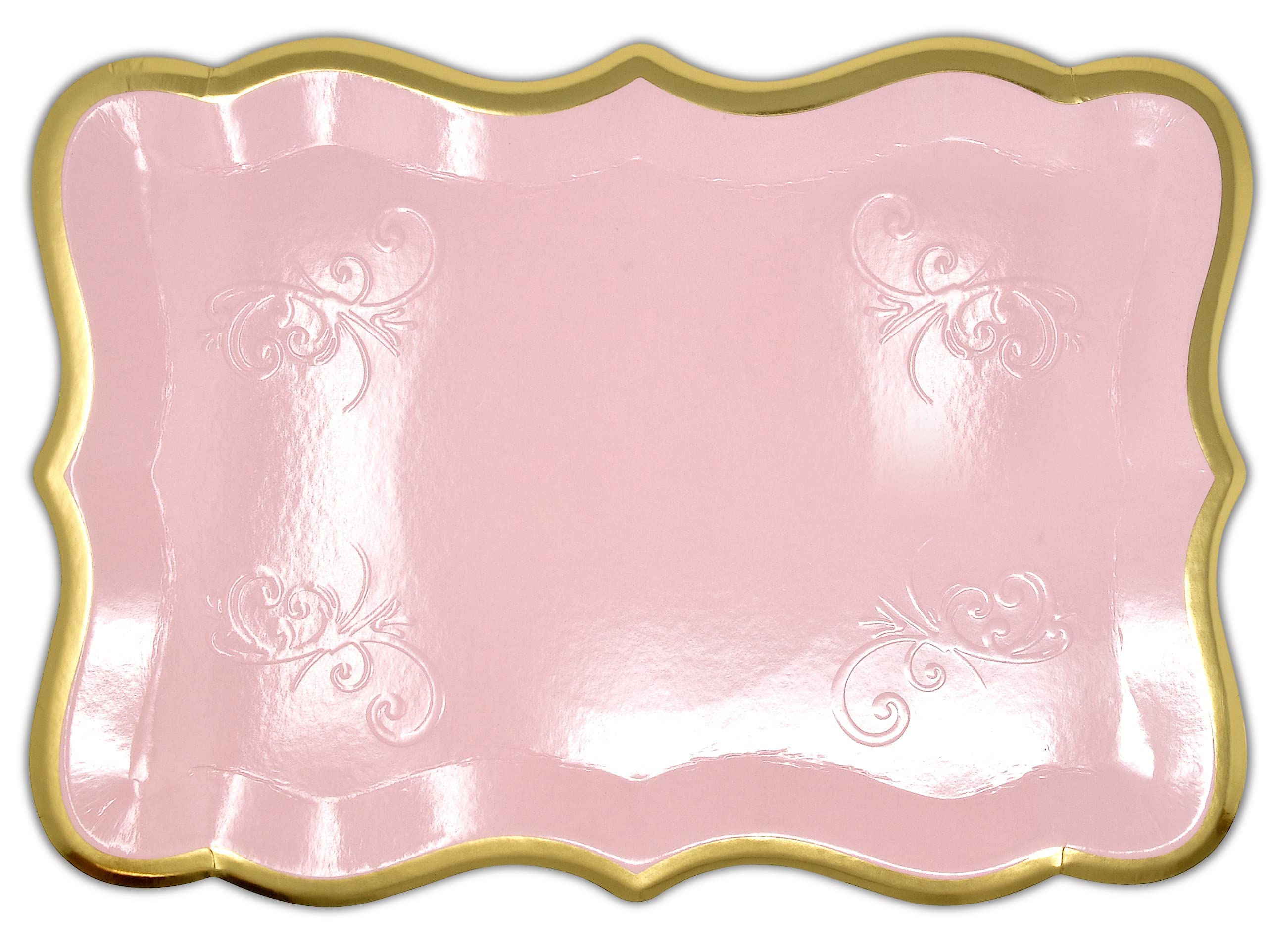 10 Pink Rectangle Trays with Gold Rim Border for Elegant Dessert Table Serving Parties 9" X 13" Disposable Paper Cardboard Platters for Cupcake Display Wedding Baby Shower & Birthday Party Food Safe