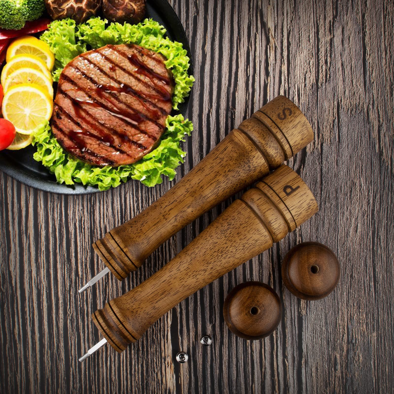 Haomacro Salt and Pepper Grinder Set, Wooden Salt Pepper Mill Grinders Kitchen Manual Wood Pepper Mills Set Refillable Adjustable Coarseness Ceramic Rotor 10 Inches,2pcs