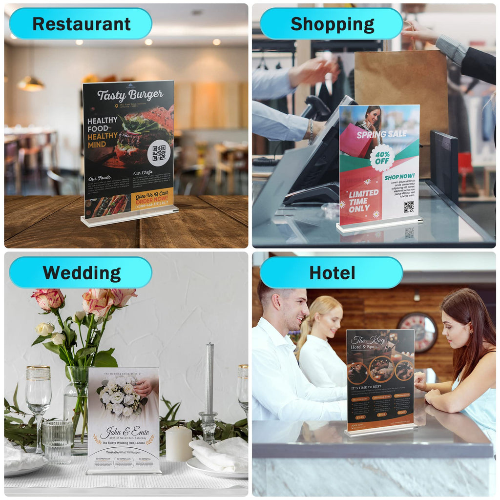 4-Pack Acrylic Sign Holder, 8.5 x 11 Inch Vertical T Shape Table Display Stand, Double-Sided Clear Plastic Sign Holders for Paper, Menu, and Flyer, Ideal for Home, Office, Restaurants, and Stores