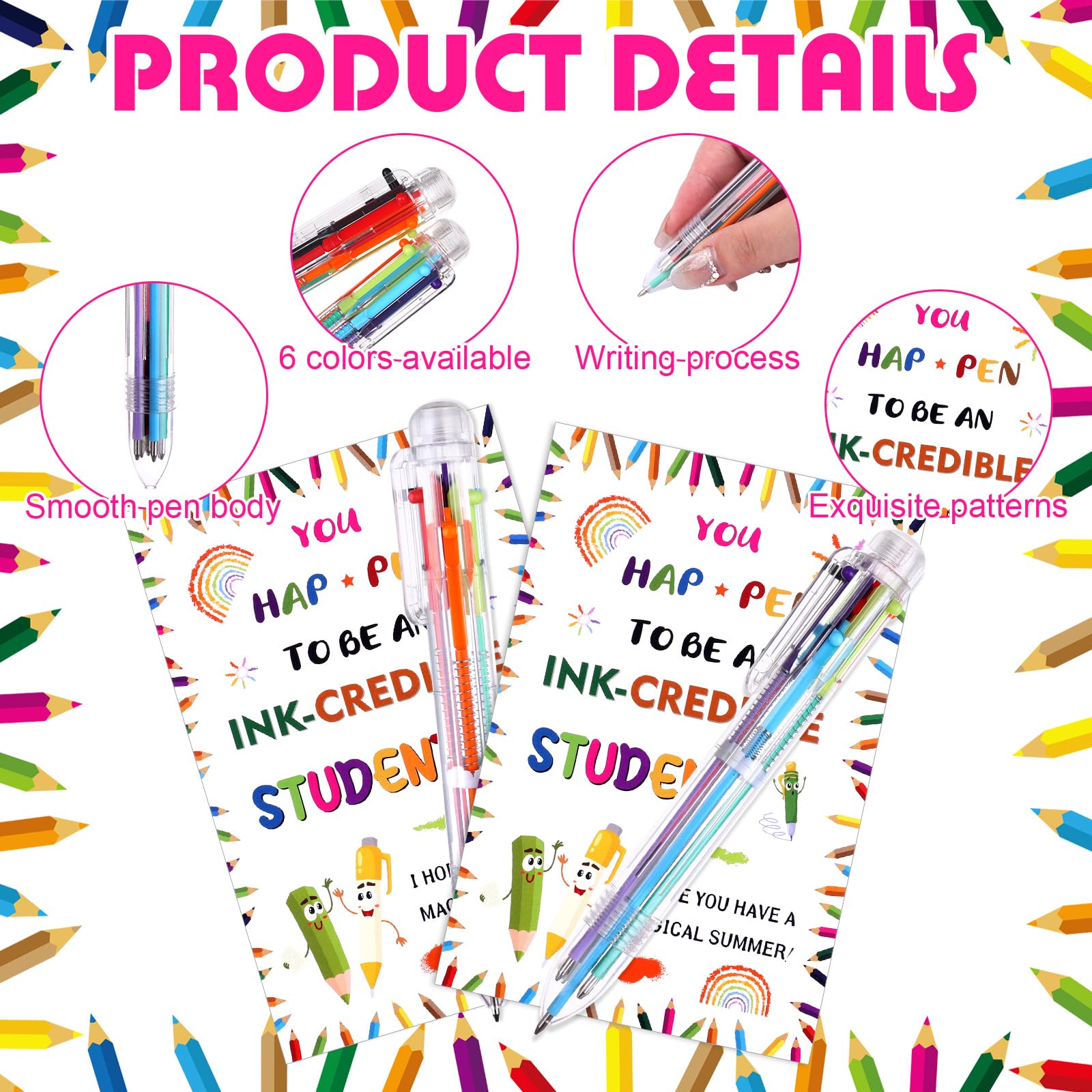 72 Pcs End of Year School Gifts 6 in 1 Multicolor Ballpoint Pen Cards from Teacher Include Multicolor Retractable Ballpoint Pens Greeting Cards for Home Office learners Graduation Party Supplies