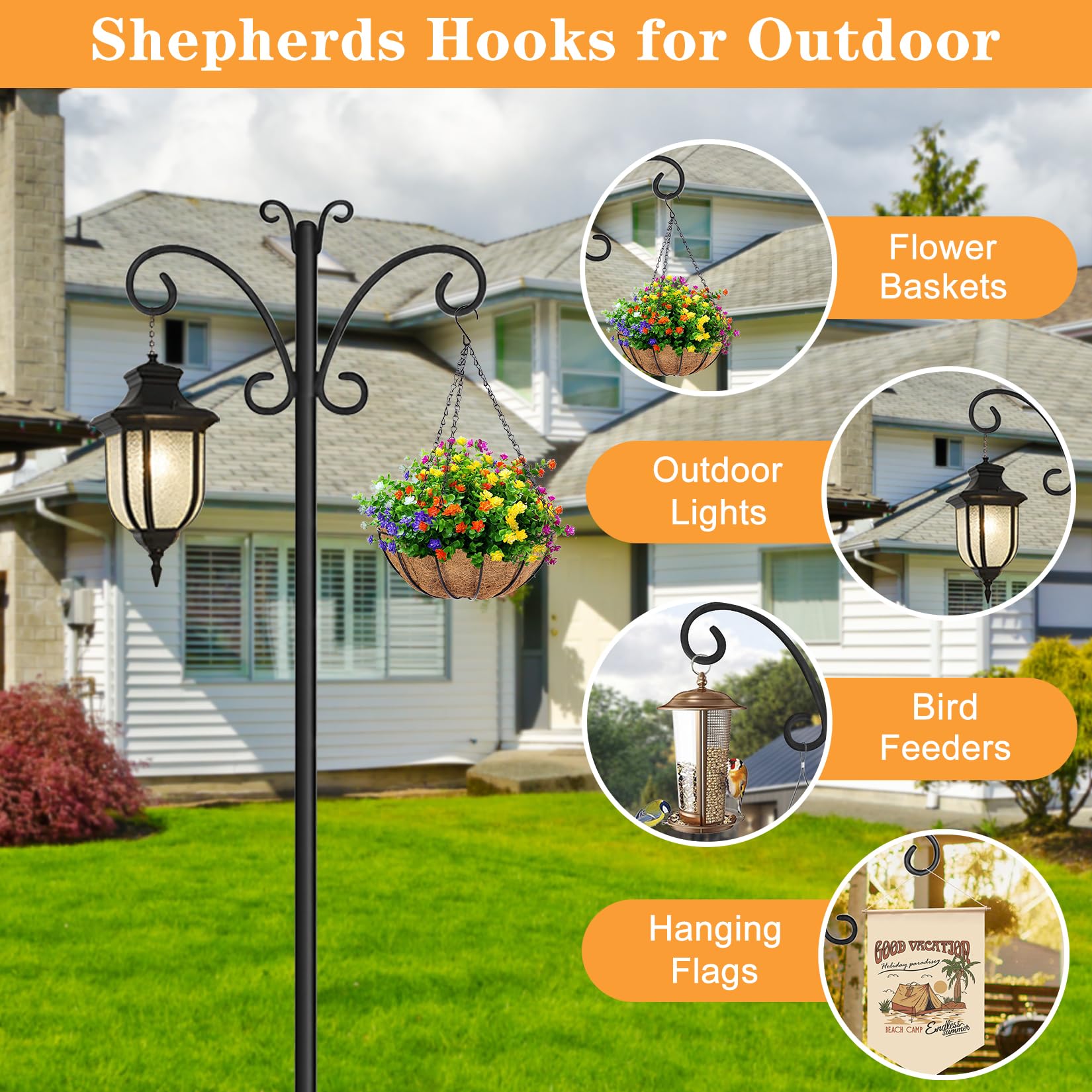 76" Shepherds Hooks for Outdoor with 5 Prong Base, Heavy-Duty Metal Bird Feeder Pole Stand for Hanging Plant, Flower Pots, Lanterns, Wind Chime, Weddings Decor