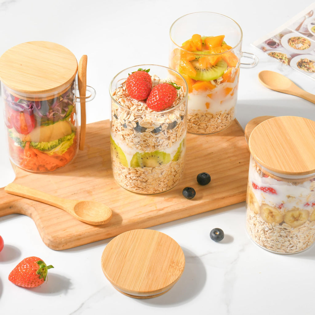 Overnight Oats Jars with Spoons-4 Pack 18oz Overnight Oats Containers with Lids-Glass Jar with Bamboo Lids for Chia Seed Pudding Salad Cereal Coffee Flour-Sourdough Starter Jar for Bread (4)