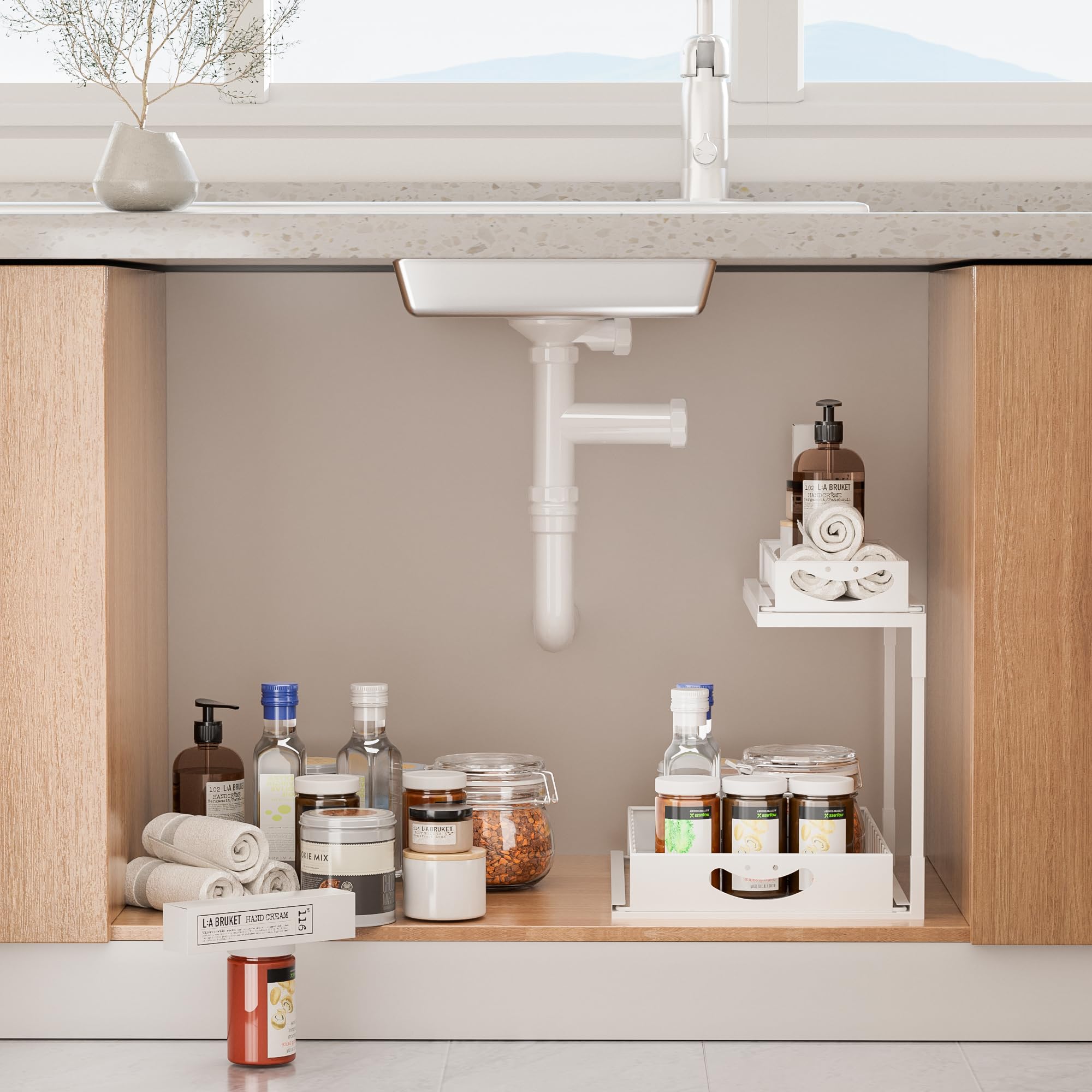 JAQ Under Sink Organizer for Kitchen, 2 Tier Pull Out Sliding Cabinet Organizer, Heavy Duty Metal Under Cabinet Storage for Kitchen Sink, Double Slide Out Drawers (White, 1 Pack)