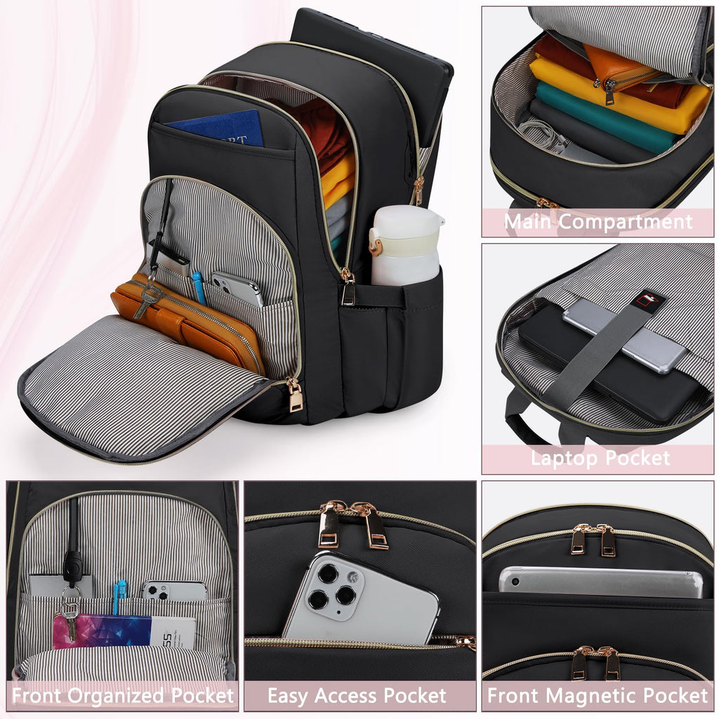 Laptop Backpack for Women 15.6 Inch Travel Backpack With USB Port, Lightweight School Backpack Waterproof Computer Bag for School Work Travel, Black