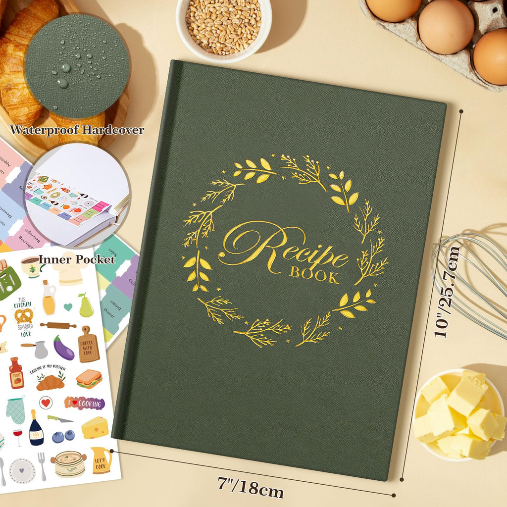 Lanpn B5 Blank Recipe Book Cookbook to Write in Your Own Recipes, Leather Cover Waterproof Empty Cooking Journal for 70 Recipes, Recipe Notebook with Stickers to Organize Your Family Recipes, Green