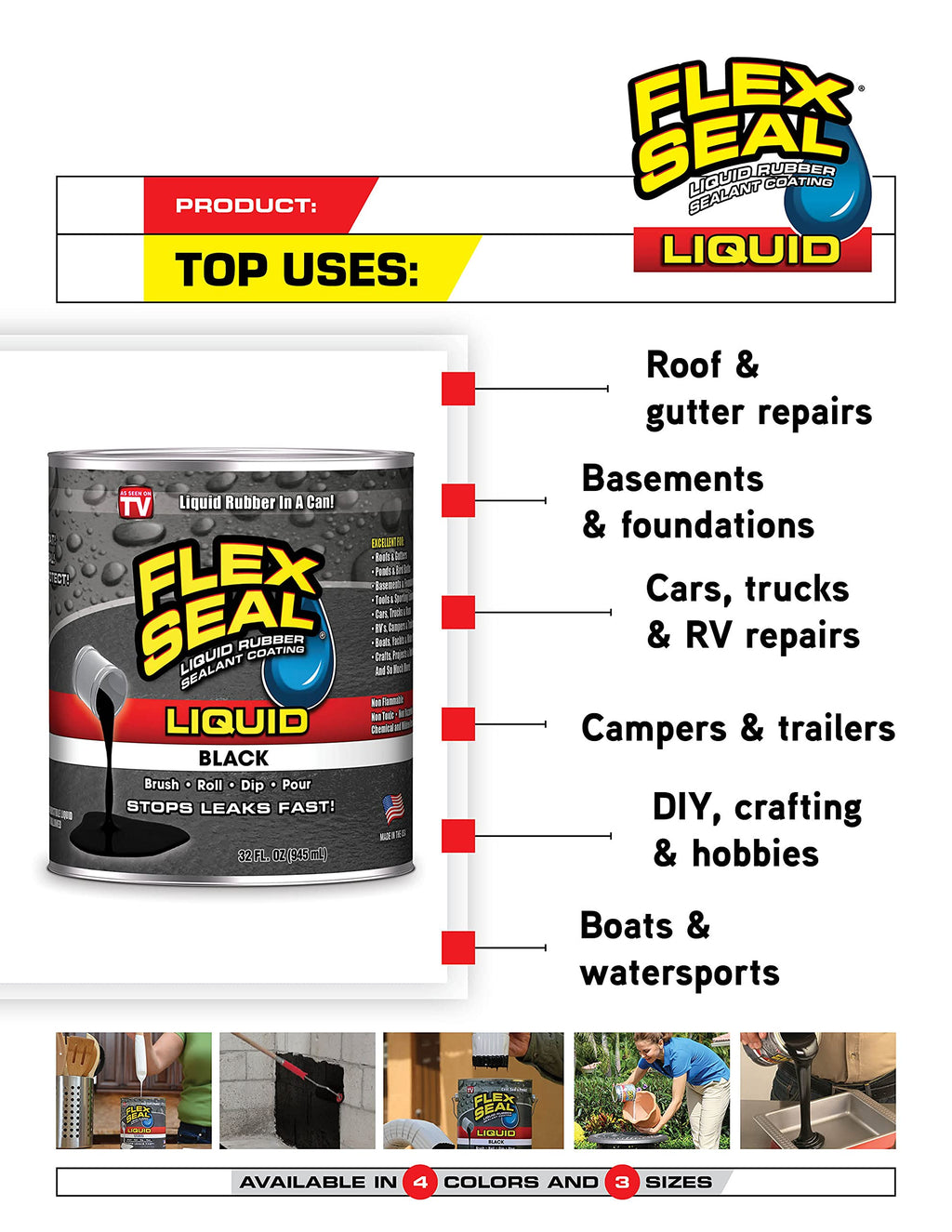Flex Seal Liquid - Waterproof Rubber Seal, Patch Leaks, Repair Multi-Surface Indoor & Outdoor; Thick Coating Great for Roofs, Cracks, Gutters, Concrete, Basements, Foundations, Clear, 16 oz (473 mL)