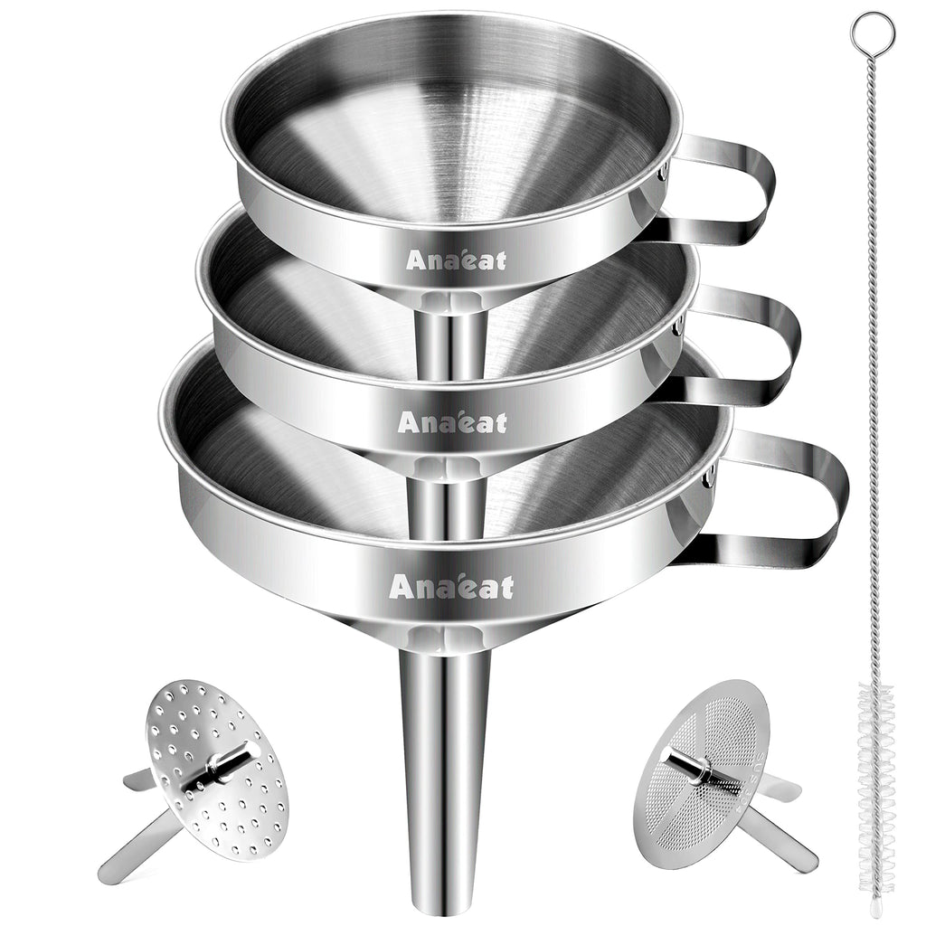 Anaeat 3 Pack Stainless Steel Kitchen Funnel Set, Multi-Use Premium Metal Food-Grade Cooking Funnels with 2 Removable Strainer Filter for Liquid or Dry Ingredients, Oils, Spices & Cleaning Brush