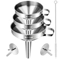 Anaeat 3 Pack Stainless Steel Kitchen Funnel Set, Multi-Use Premium Metal Food-Grade Cooking Funnels with 2 Removable Strainer Filter for Liquid or Dry Ingredients, Oils, Spices & Cleaning Brush