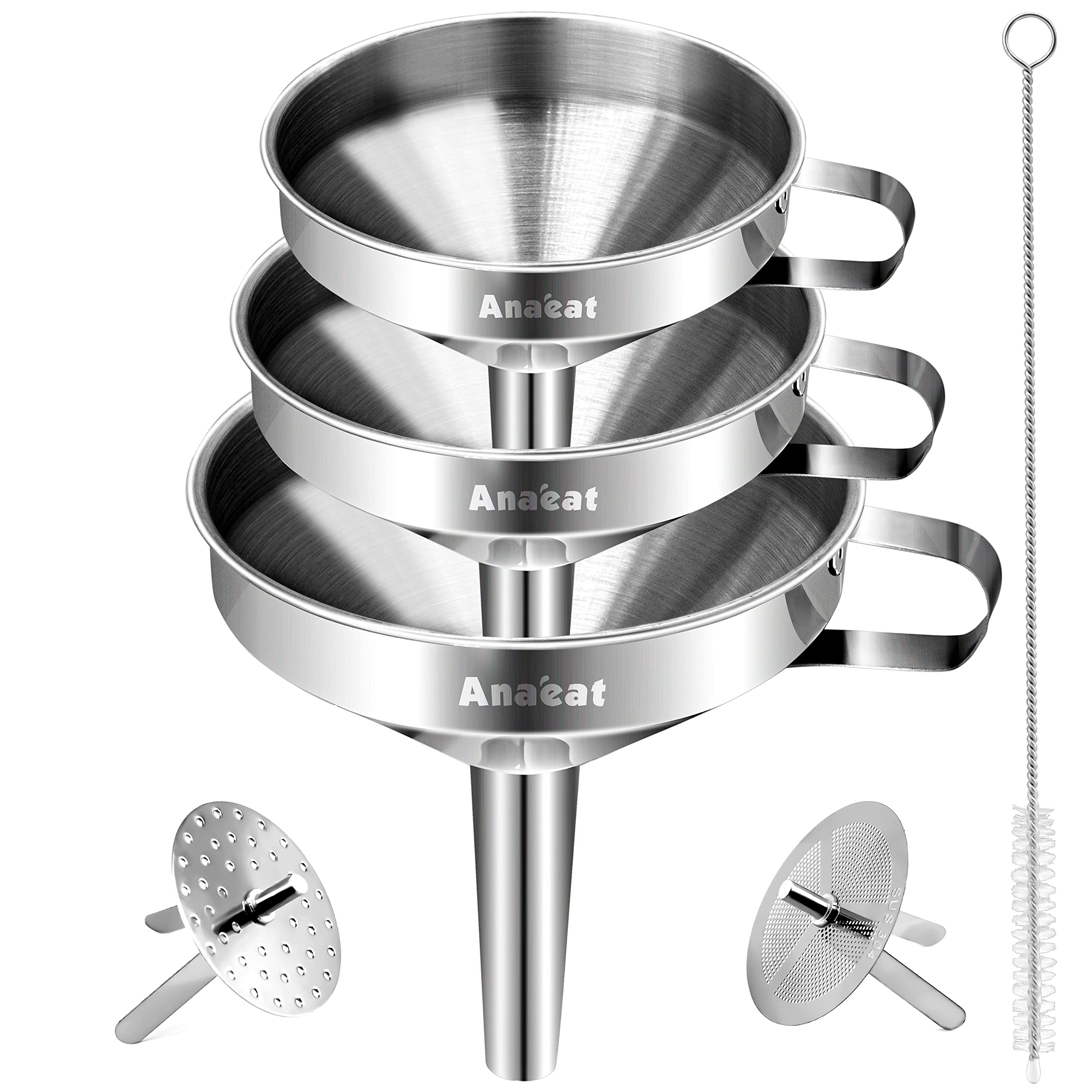 Anaeat 3 Pack Stainless Steel Kitchen Funnel Set, Multi-Use Premium Metal Food-Grade Cooking Funnels with 2 Removable Strainer Filter for Liquid or Dry Ingredients, Oils, Spices & Cleaning Brush