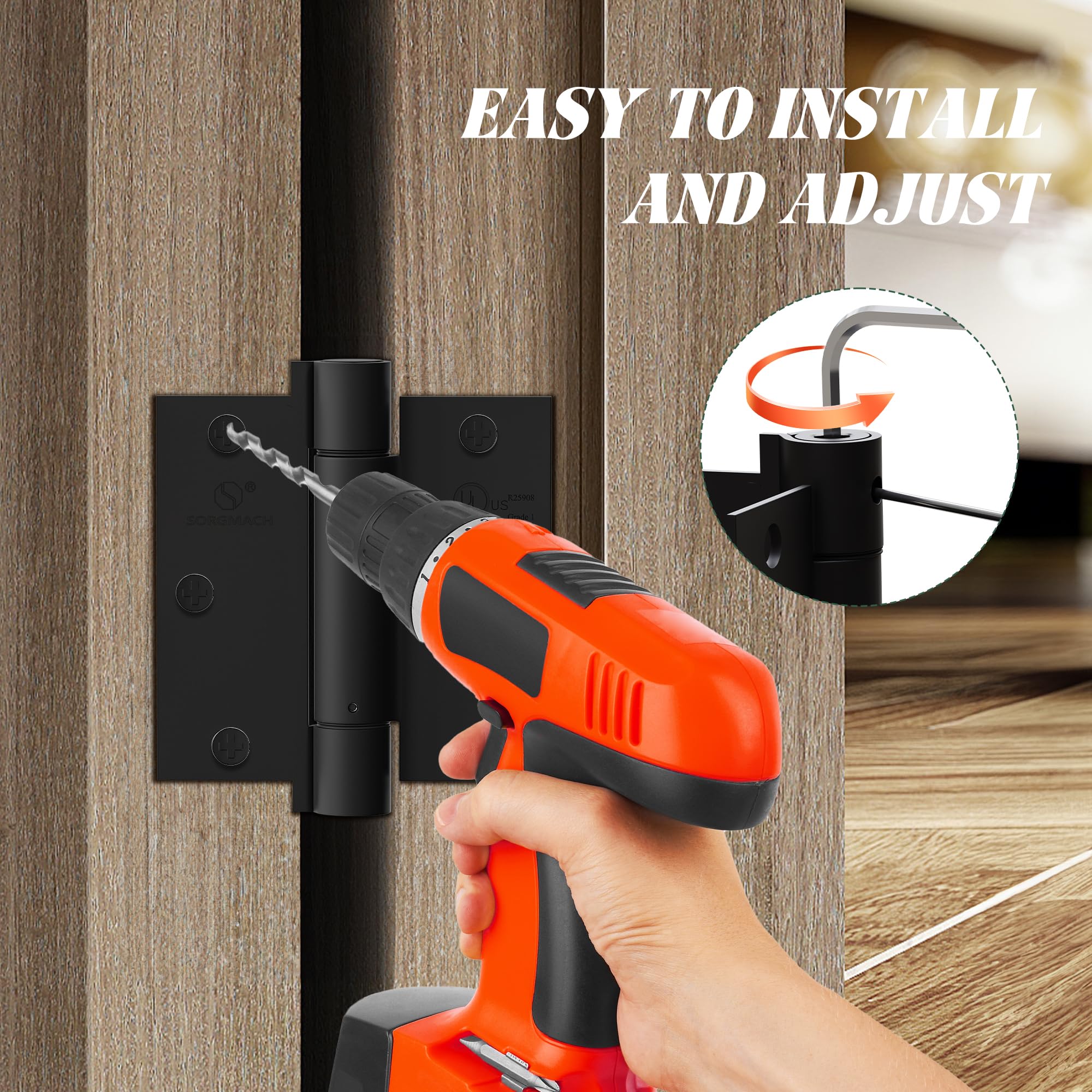3 Pack Self Closing Door Hinges 3.5 inch Matte Black Spring Loaded Auto Close Hinges Square Corners Adjustable Tension for Interior Door 3 1/2 Auto Self-Closing Hinge
