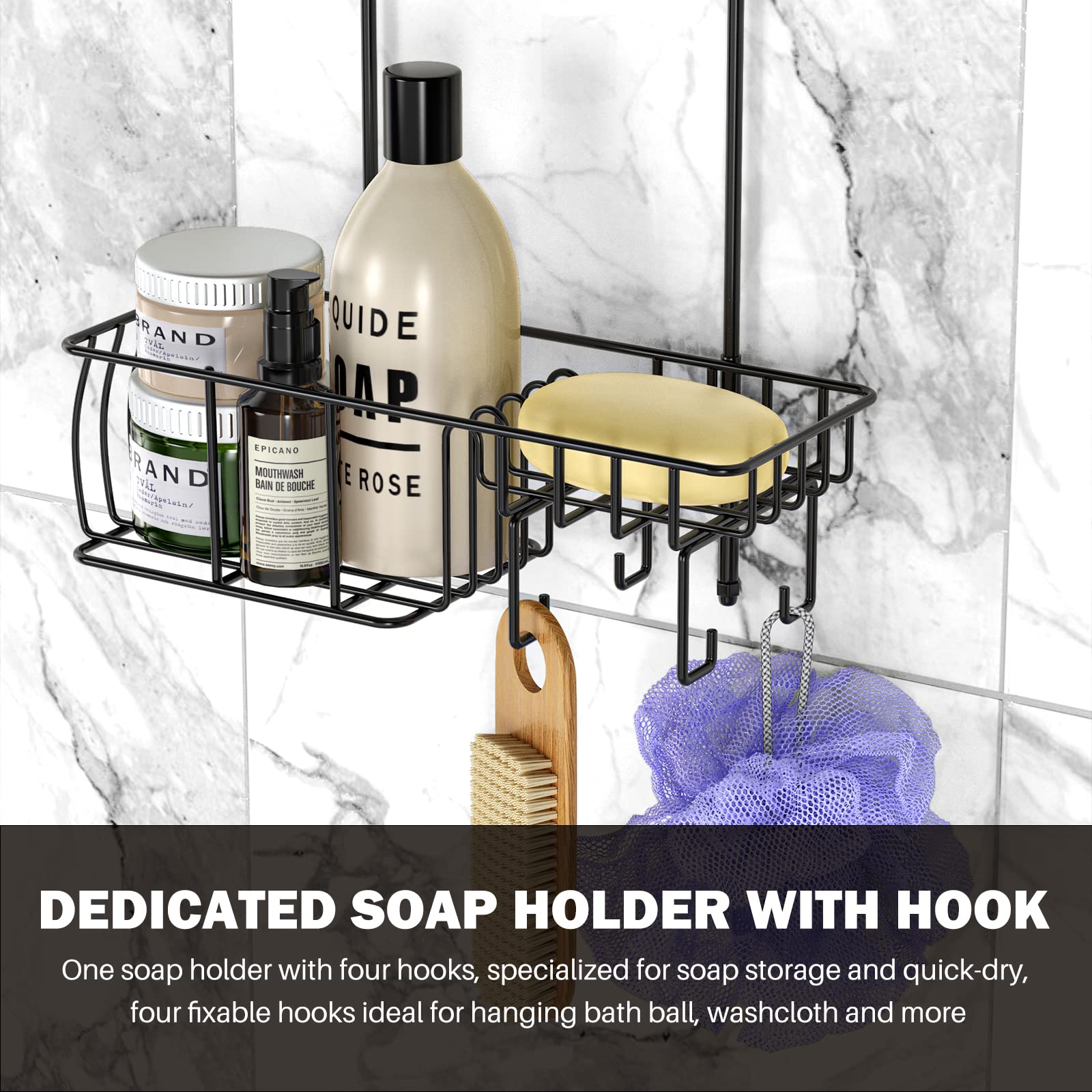 Epicano Anti-Swing Hanging Shower Caddy, Over Head Shower Caddy Rustproof with Hooks for Towels, Sponge and More, Metal Black