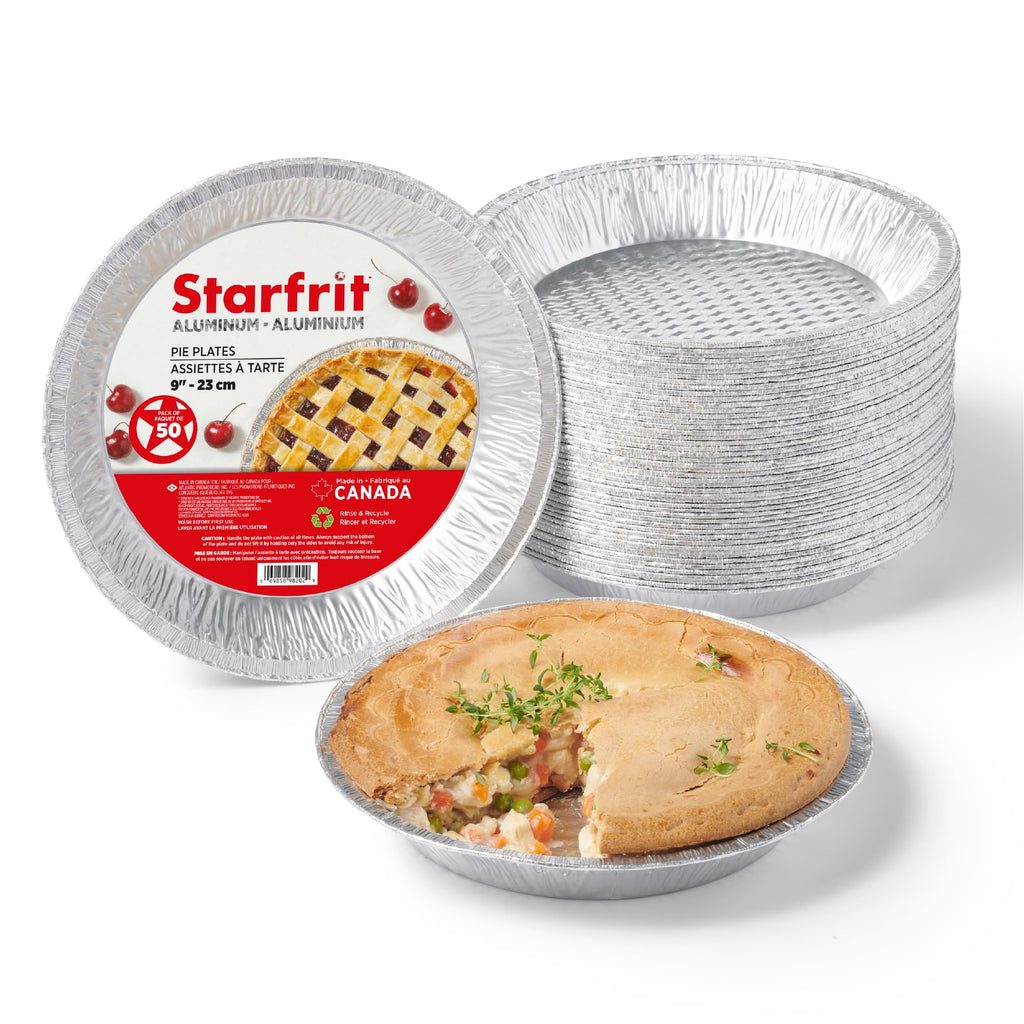 Starfrit 50-Pack Aluminum Pie Plates, 9” (23 cm), Perfect for Baking Pies, Chicken Pot Pies & Quiches, Recyclable, Disposable, Oven & Freezer Safe