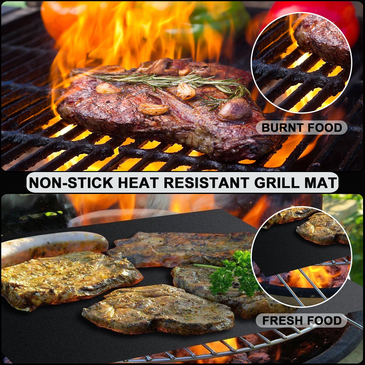 Lmoszuak BBQ Reusable Grill Mat Set of (7+1) - Non-Stick Coating Grilling Mats.Heat Resistant, Easy to Clean BBQ Accessories, Works on Gas, Charcoal, Electric Grill, Oven