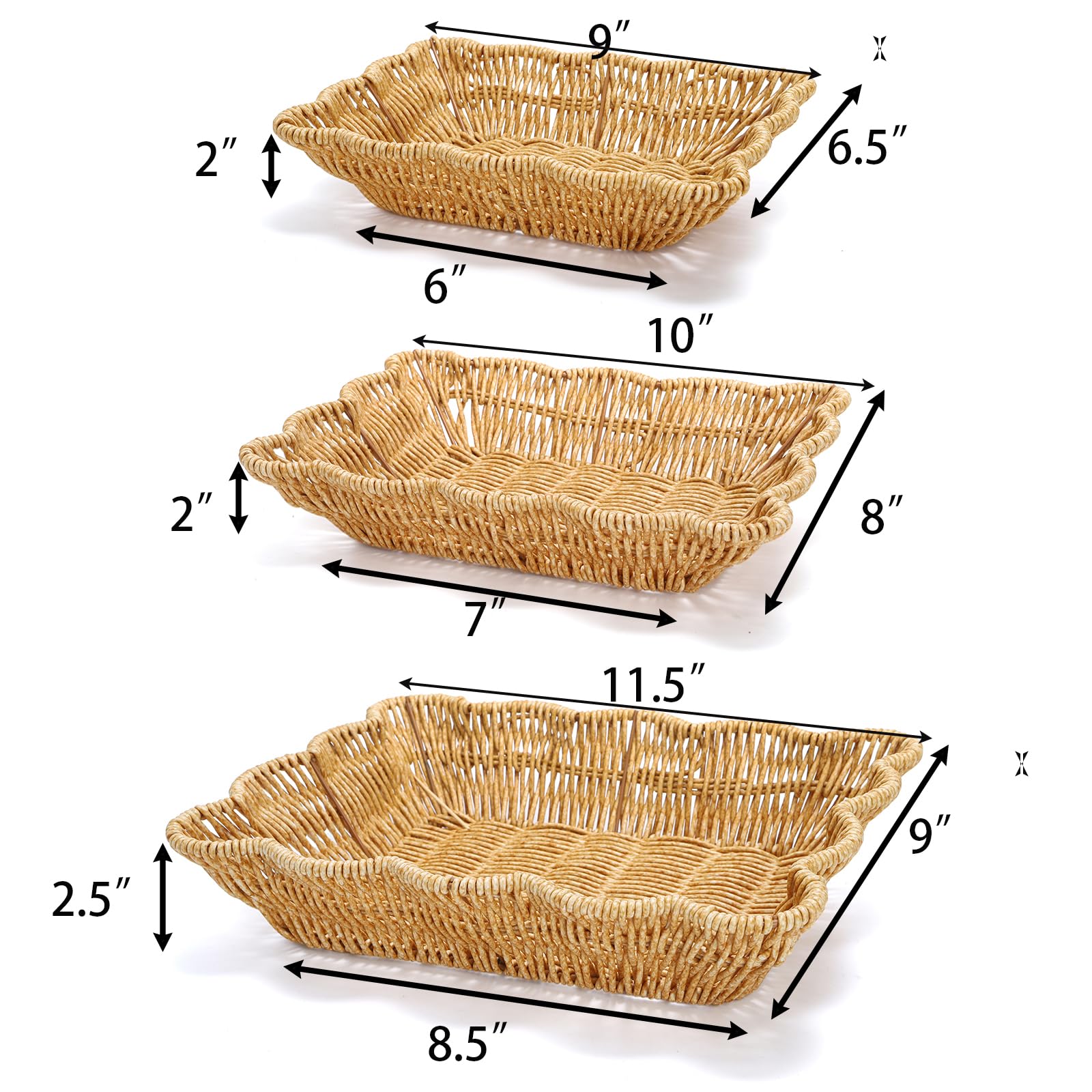 Jucoan 3 Pack Poly Wicker Bread Baskets, Imitation Rattan Fruit Baskets, Rectangular Tabletop Woven Serving Baskets Trays for Fruits Vegetables and Snacks
