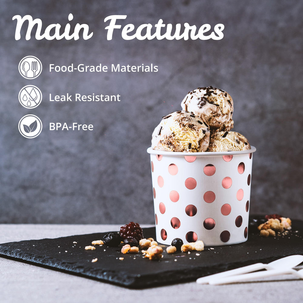 MATICAN Paper Ice Cream Cups - 100-Count 11-Oz Disposable Bowls with Rose Gold Foil Dots