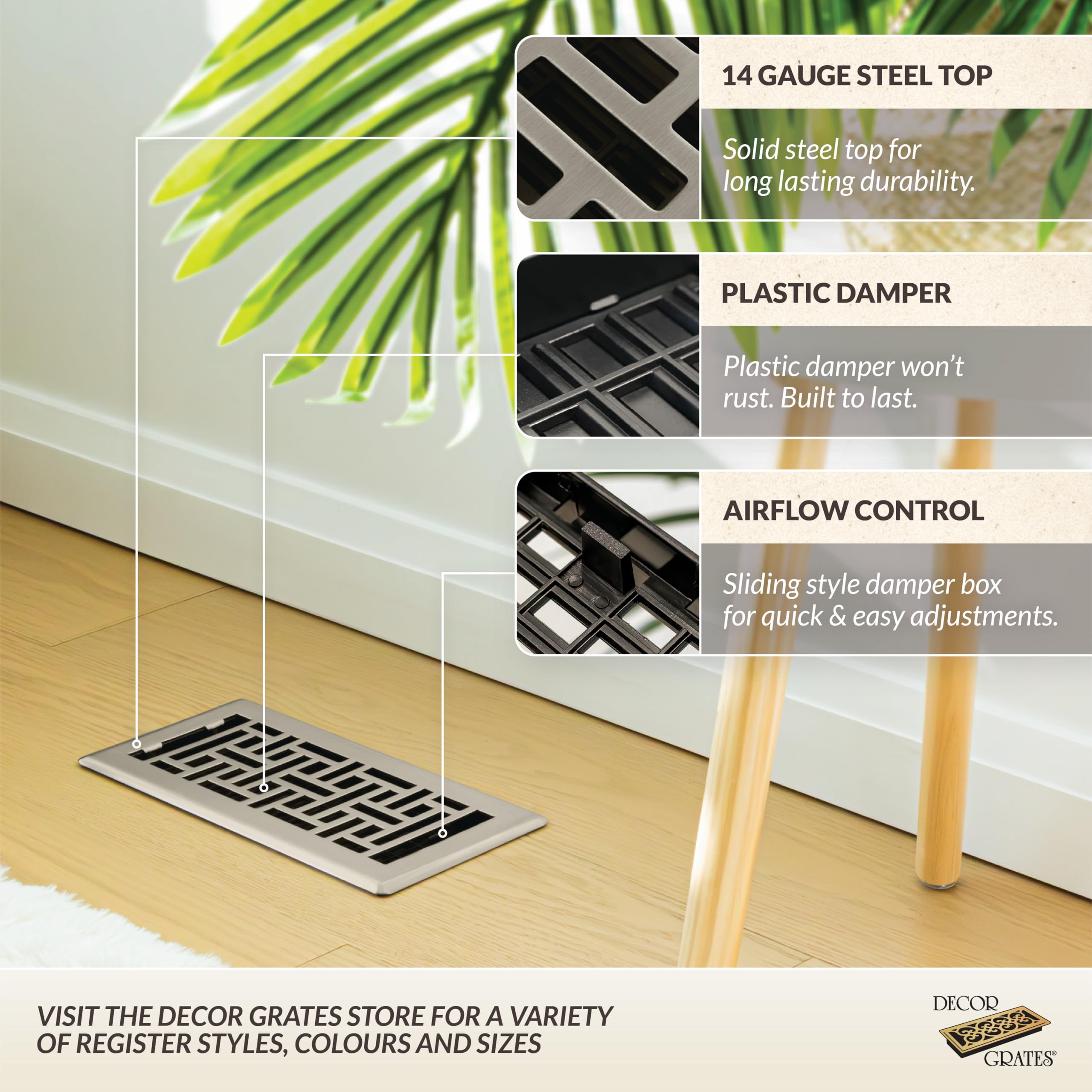 Decor Grates AJH410-NKL 4-Inch by 10-Inch Oriental Floor Register, Brushed Nickel