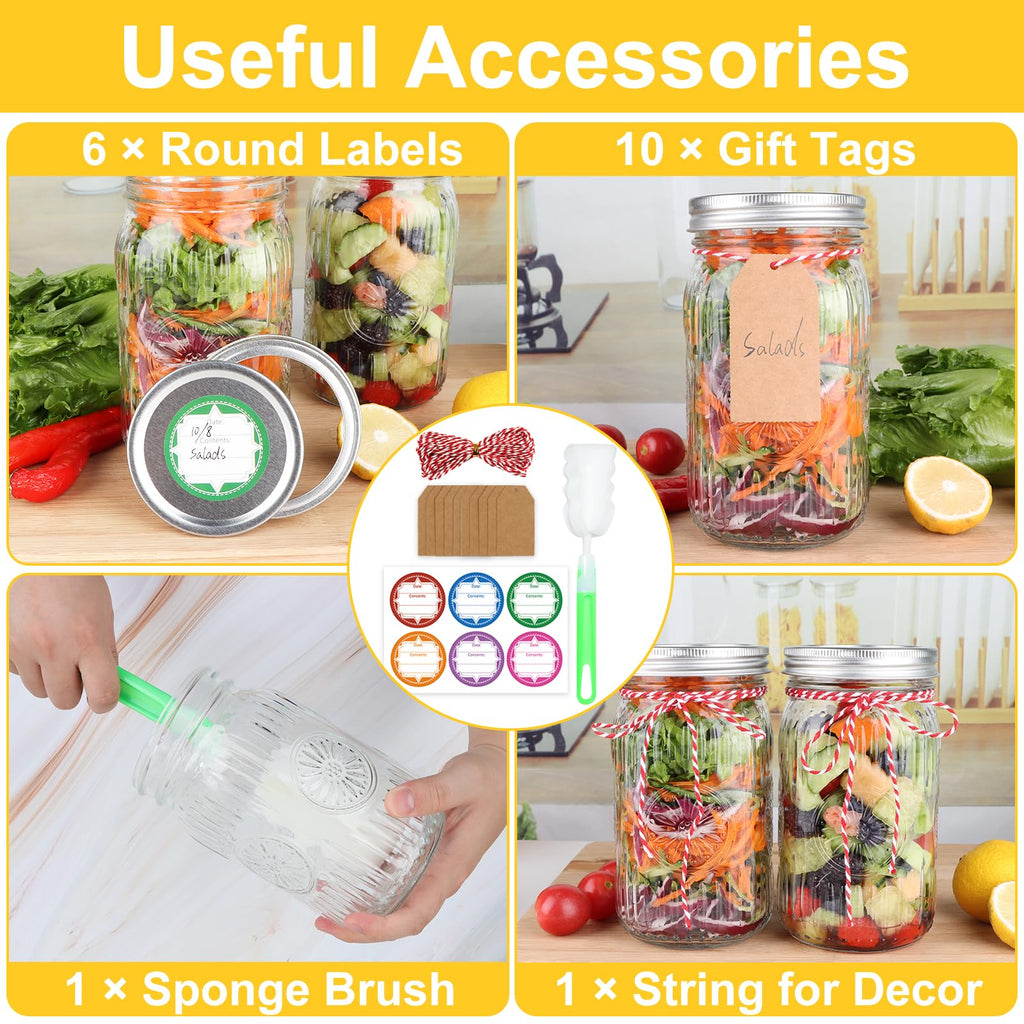 HAYHOI 32 oz Wide Mouth Mason Jars with Lids and Bands, 6 Pack Quart Canning Jars, Embossed Glass Mason Jars for Centerpieces, Preserving, Pickling, Meal Prep, Jam, DIY Crafts