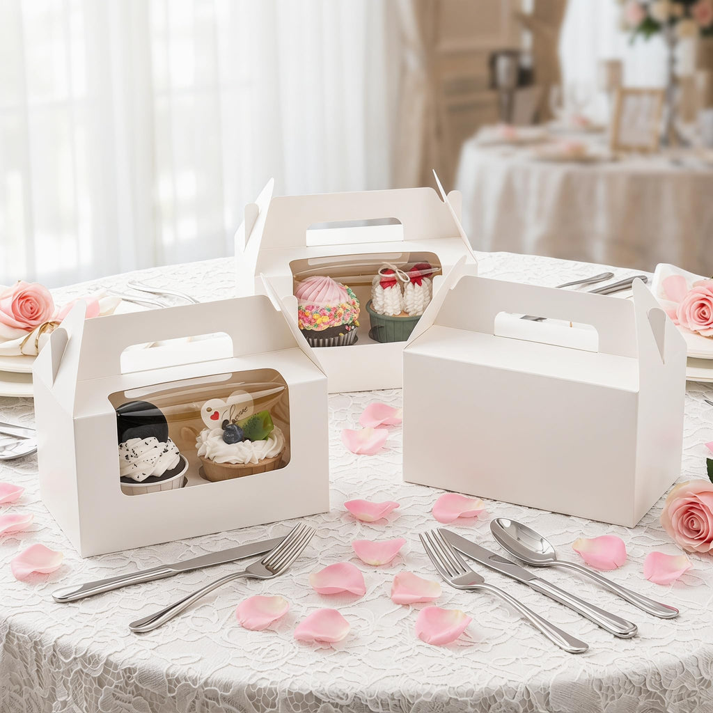 Jucoan 60 Pack 2 Count White Paper Cupcake Boxes with Insert, Handle and Window, Portable Cupcake Muffin Containers, Gable Bakery Gift Boxes Party Favor Treat Boxes for Wedding Birthday Baby Shower