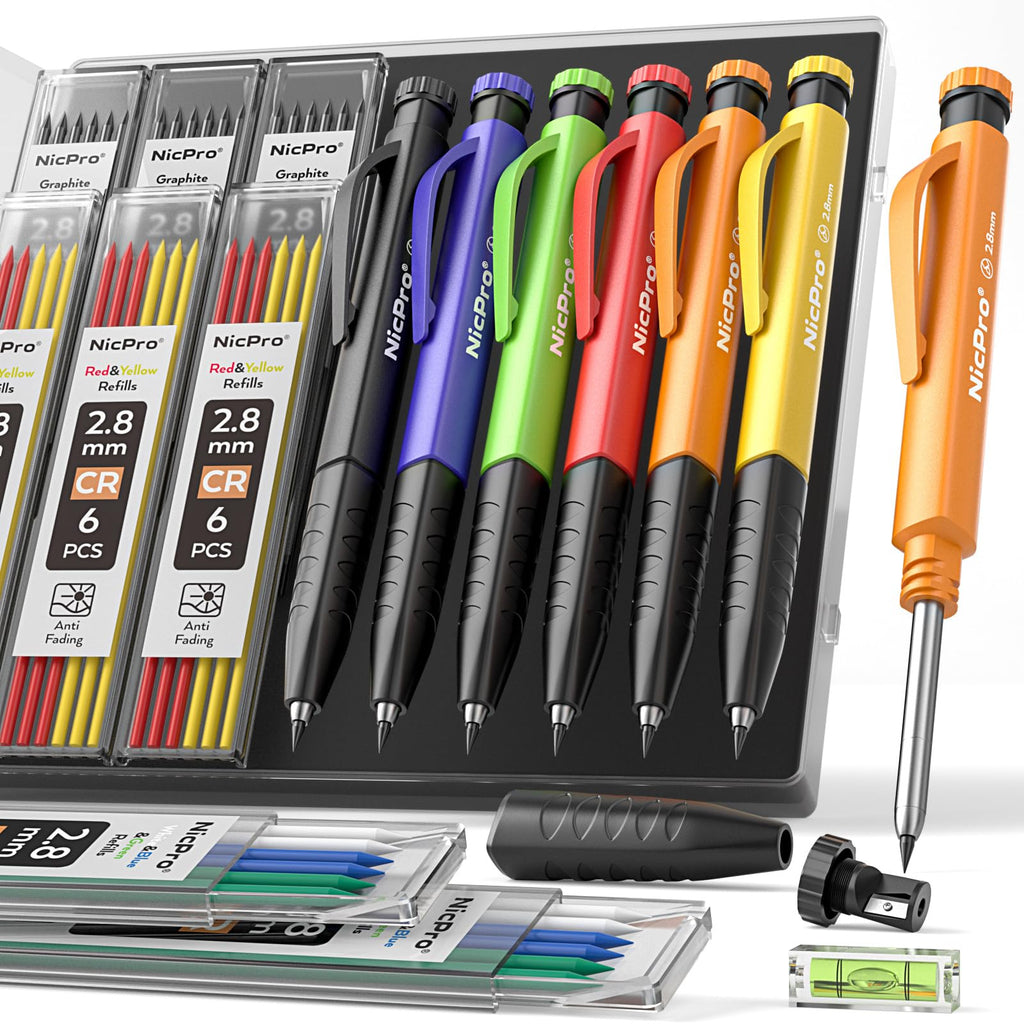 Nicpro 6 Pack Upgraded 3-IN-1 Carpenter Pencil Set with Finger Grip, Construction Pencils with 54 Refill & Mini Spirit Level, Deep Hole Carpenter Tool, Mechanical Carpenter Pencil for Woodworking