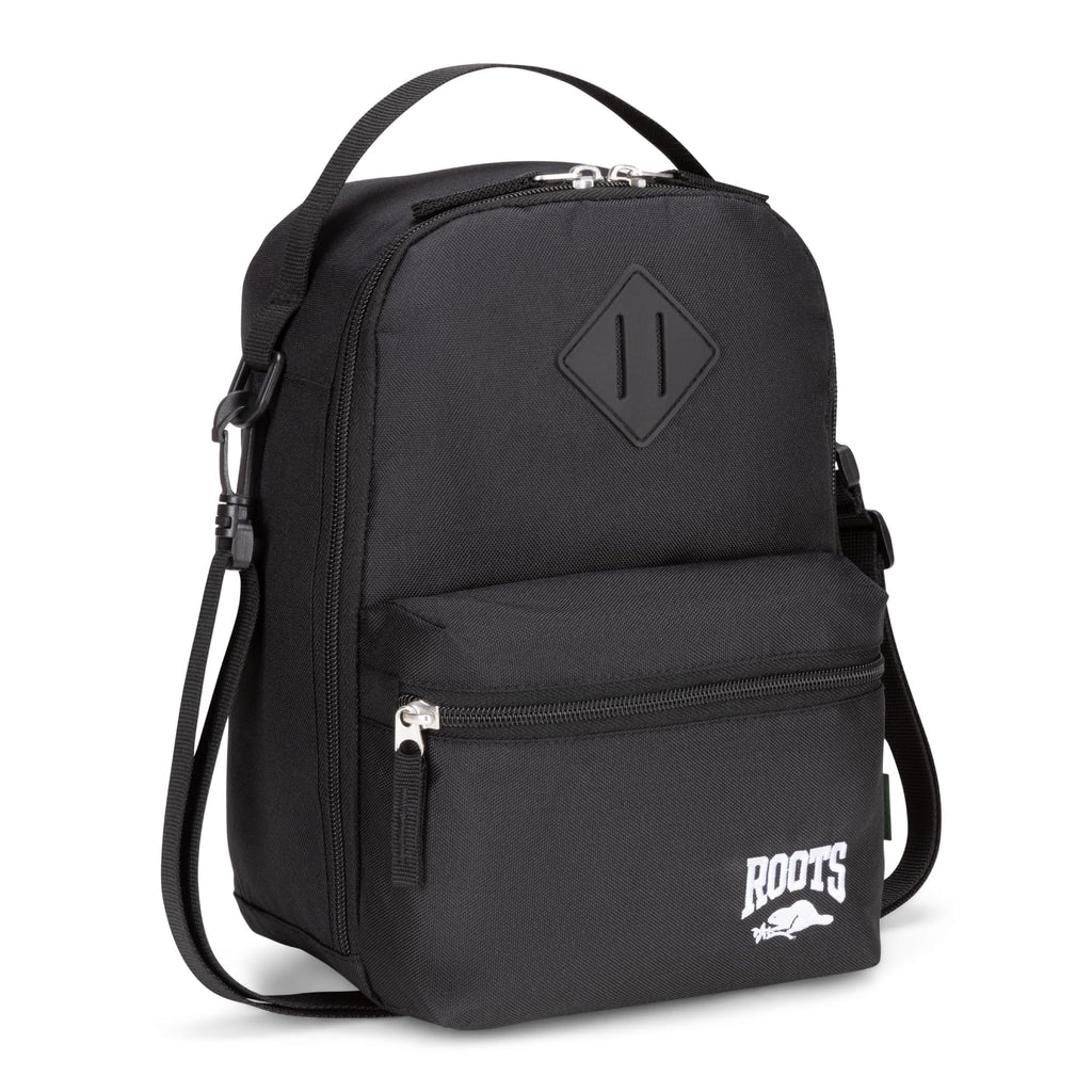 Roots Insulated Lunch Bag – Made from Recycled Polyester, with Exterior ID Label, Adjustable Shoulder Strap & 2 Zippered Compartments – 7L, Black