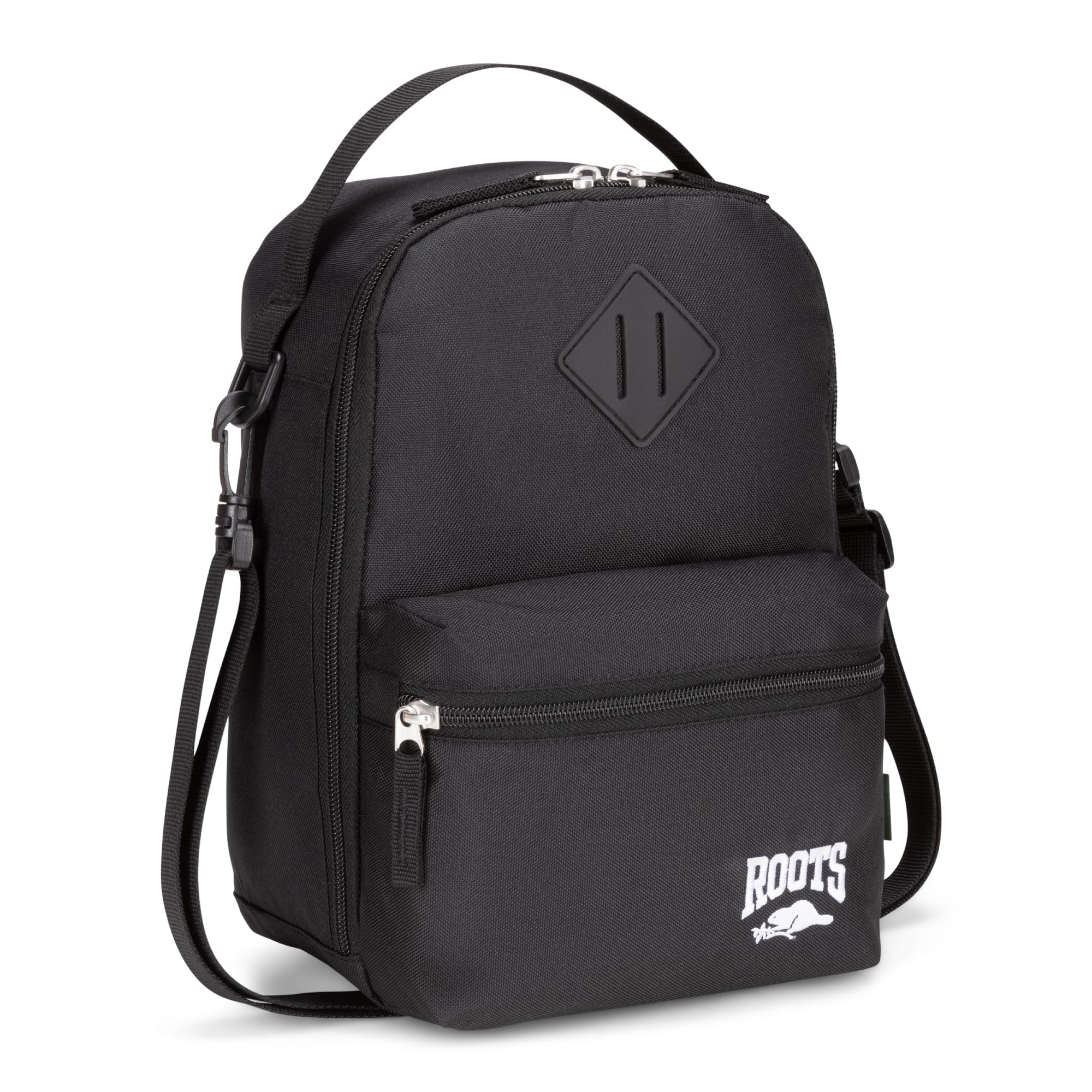 Roots Insulated Lunch Bag – Made from Recycled Polyester, with Exterior ID Label, Adjustable Shoulder Strap & 2 Zippered Compartments – 7L, Black