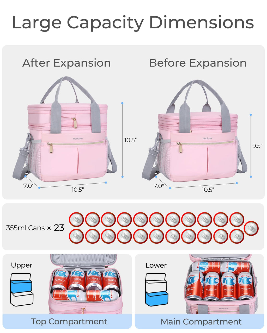 Hedcaw Lunch Box for Women Double Deck Insulated Lunch Bag Women Expandable Leakproof Reusable Lunch Cooler Bag for Work, Office, Picnic, Pink