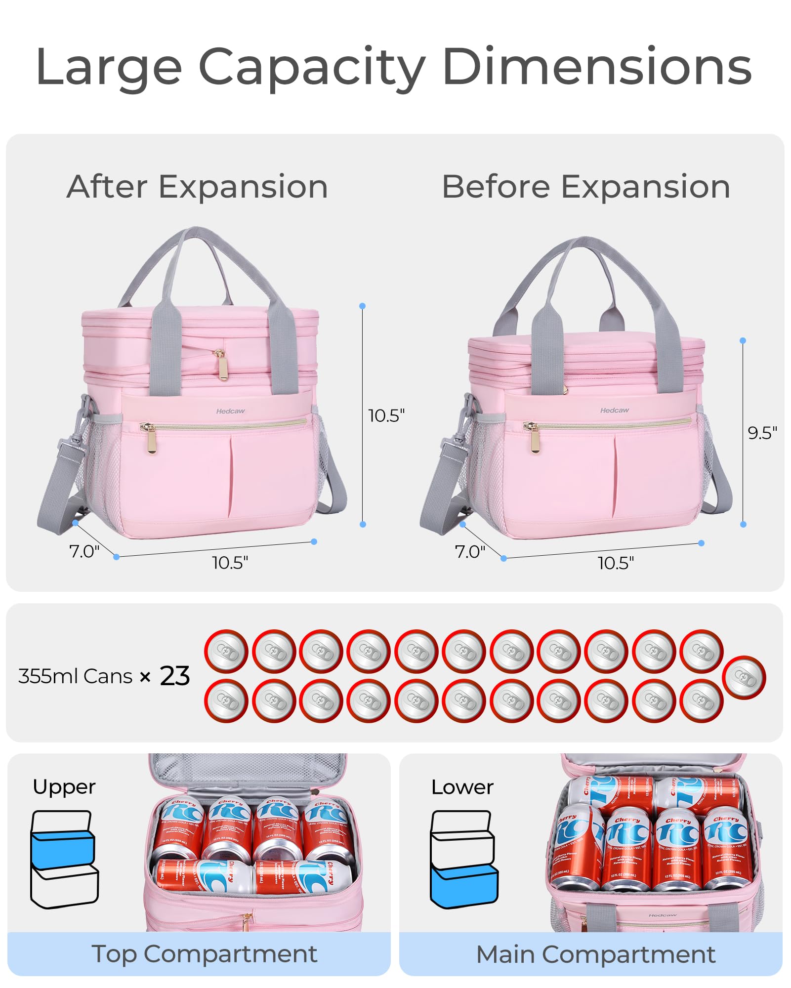 Hedcaw Lunch Box for Women Double Deck Insulated Lunch Bag Women Expandable Leakproof Reusable Lunch Cooler Bag for Work, Office, Picnic, Pink