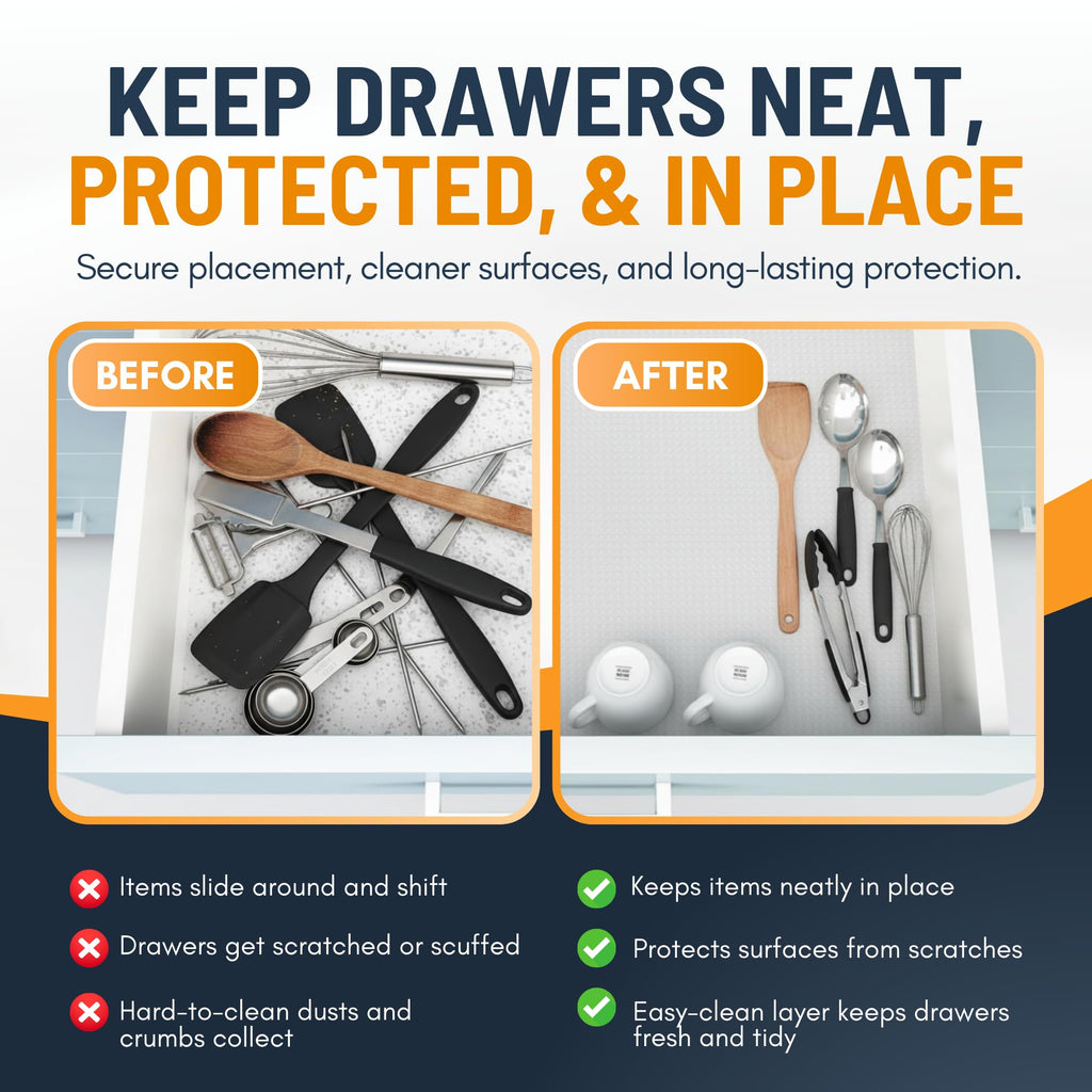 Drawer Liner Shelf Liners for Kitchen Cabinets Non-Adhesive by Linda’s Essentials (17.5 x 240 Inches) - Non-Slip Easy Clean Kitchen Cupboard and Cabinet Protector, Waterproof Mat, Clear Roll