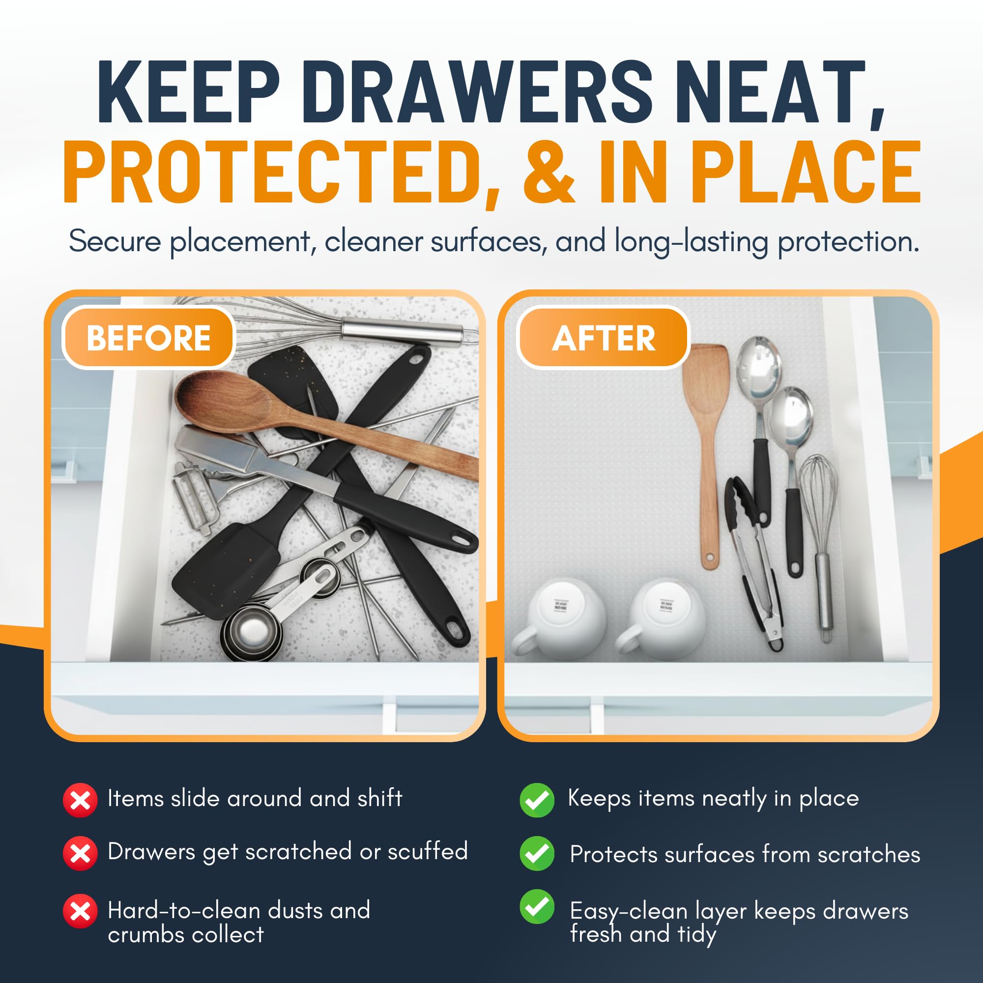 Drawer Liner Shelf Liners for Kitchen Cabinets Non-Adhesive by Linda’s Essentials (17.5 x 240 Inches) - Non-Slip Easy Clean Kitchen Cupboard and Cabinet Protector, Waterproof Mat, Clear Roll