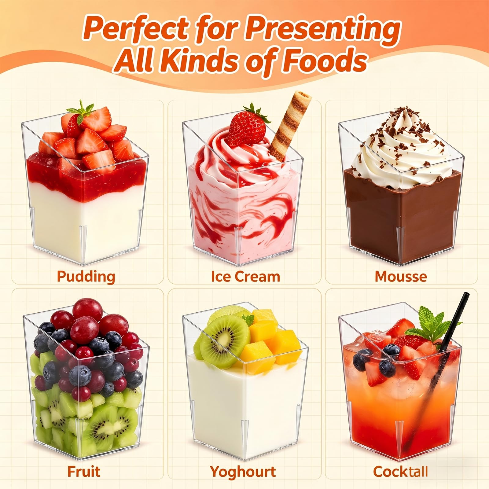Okllen 100 Pack 3 Oz Mini Dessert Cups with Spoons, Clear Slanted Square Dessert Tumbler Thick Plastic Shot Glasses, Appetizer Parfait Cups Small Serving Bowls for Ice Cream, Puddings, Tasting Party