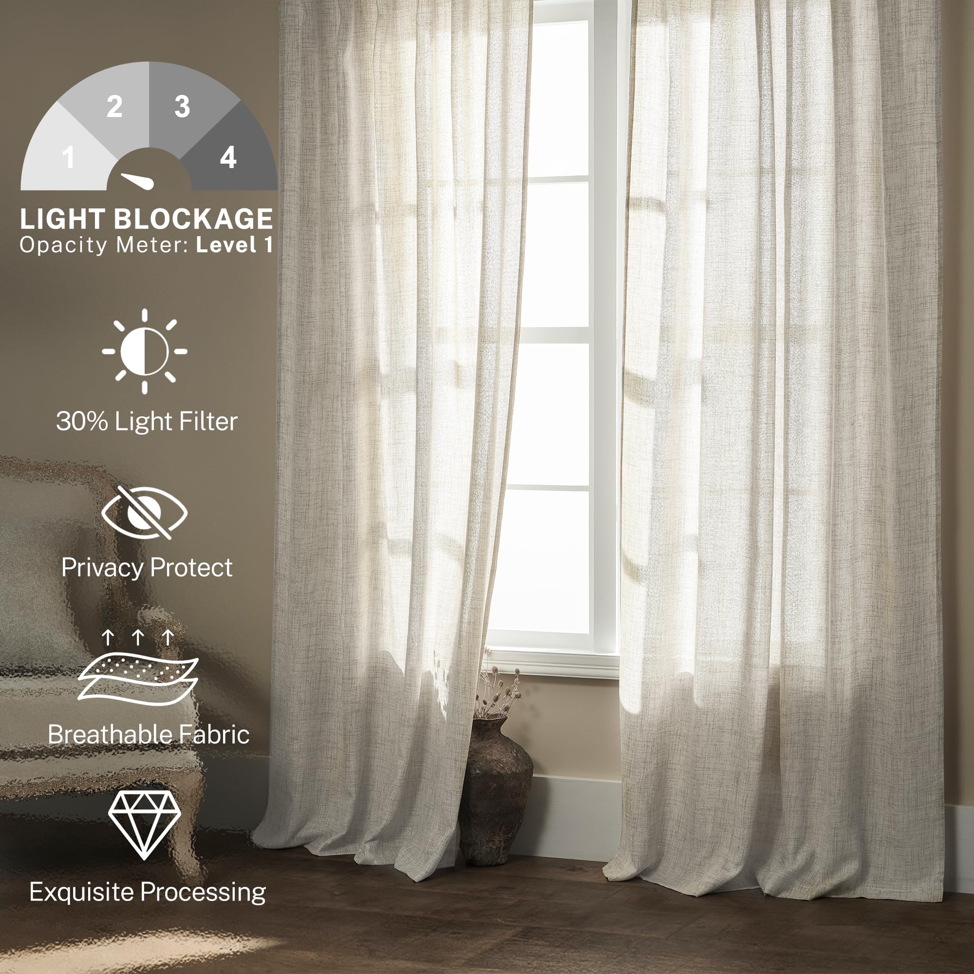 MEETBILY Curtains Panels for Back Tab Semi Sheer, Linen Textured Drapes Rod Pocket, Flax Curtains for Farmhouse/Bedroom/Living Room/Window (2-Pack, 50 x 90 inch, Natural)