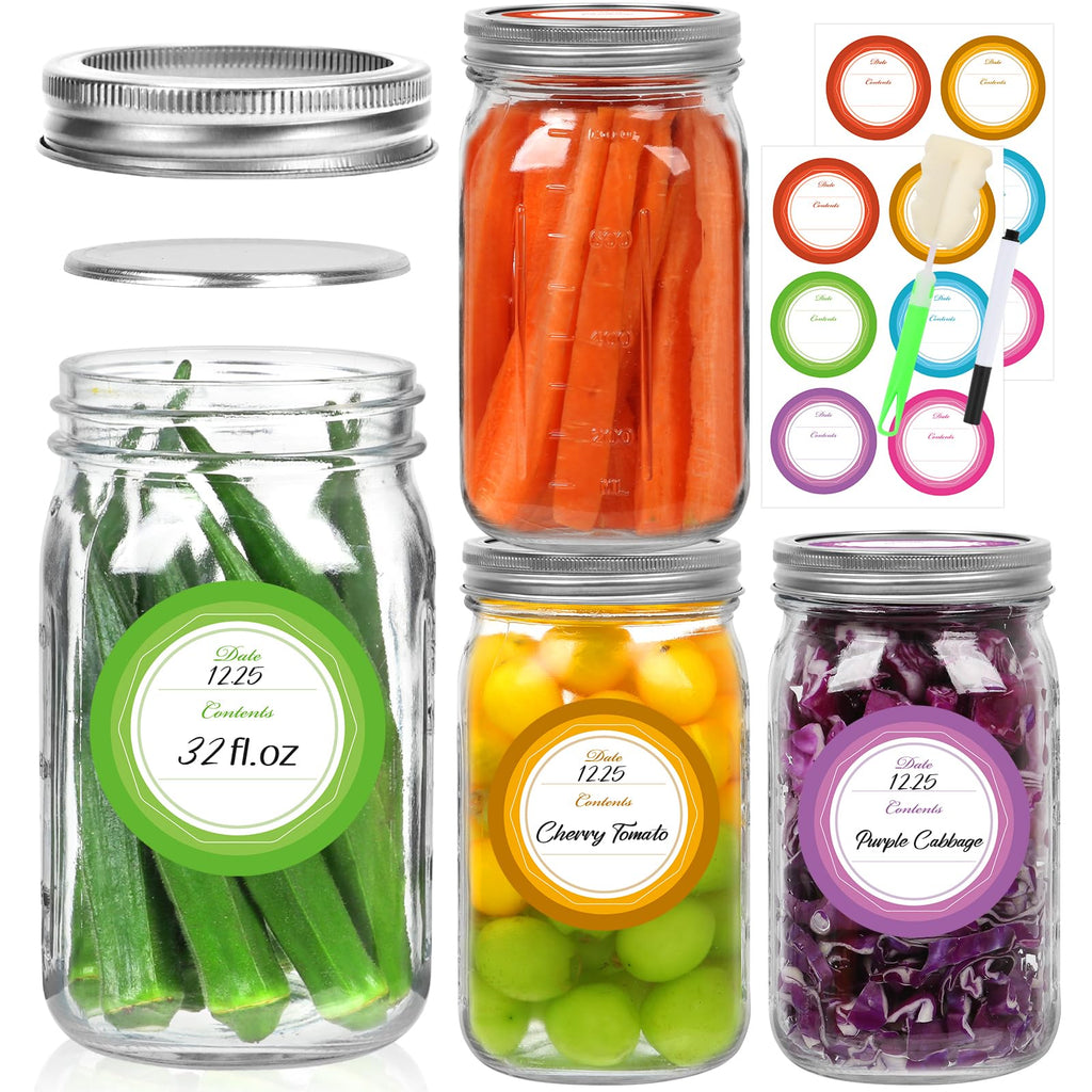 Alotpower 32 oz Mason Jars 4Pack,Empty Wide Mouth Mason Jars 32 oz with Lids&Bands/Stickers/Marker/Bottle Brush(32fl.oz, Set of 4)