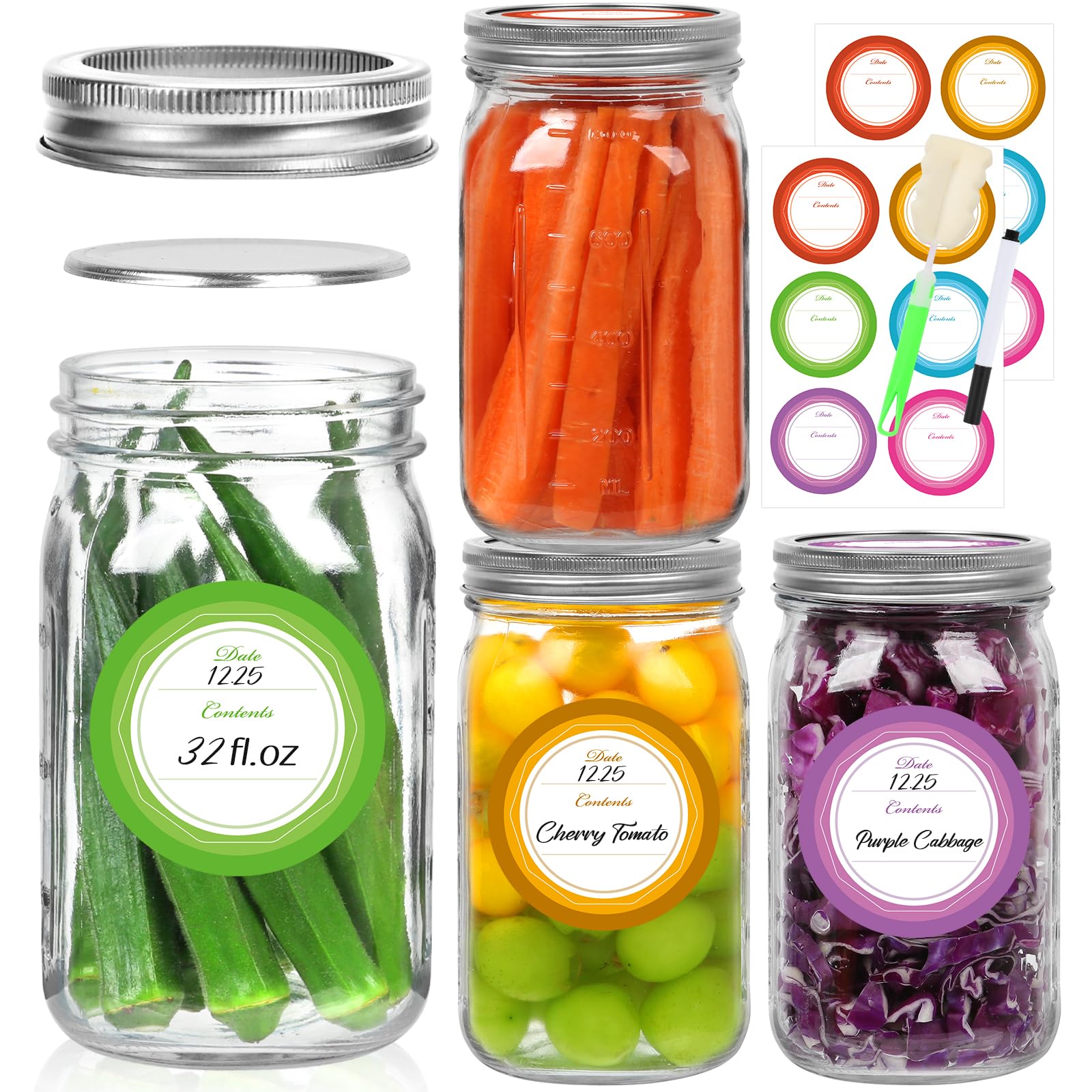 Alotpower 32 oz Mason Jars 4Pack,Empty Wide Mouth Mason Jars 32 oz with Lids&Bands/Stickers/Marker/Bottle Brush(32fl.oz, Set of 4)