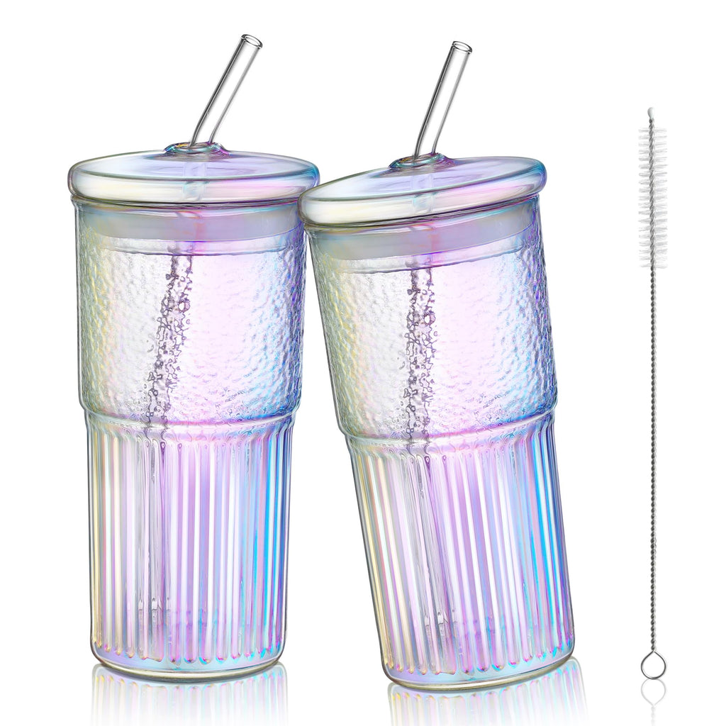 Joeyan 22 oz Iridescent Glass Tumbler with Straw and Lid for Iced Tea Coffee Smoothie Water Juice Beverages Soda,Ribbed Glasses Cups,Borosilicate Drinking Jar,Set of 2